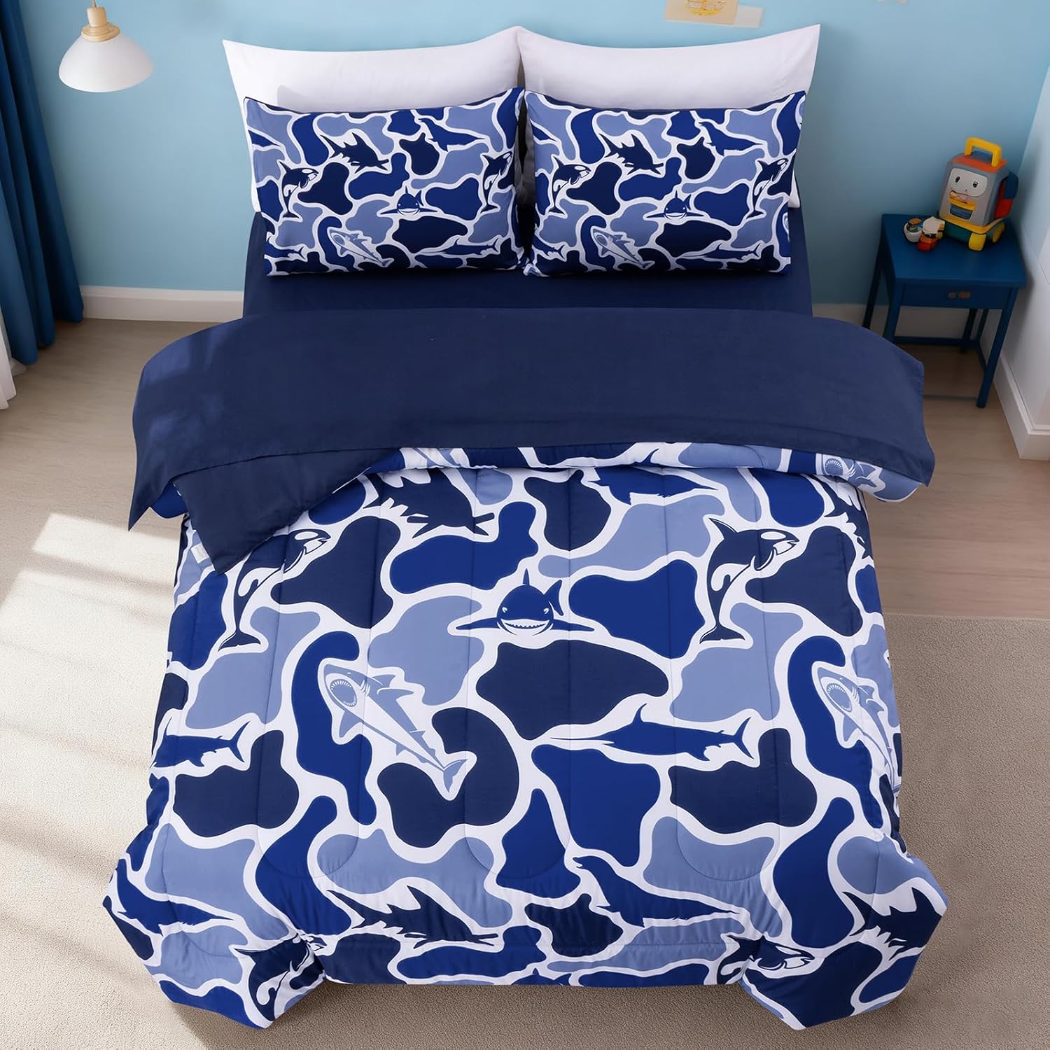 Meeting Story Twin Camo Bedding Set 5 Piece for Boys, Ocean Camo Comforter Set with Shark & Whale, Soft Lightweight All Seasons Kids Bedding Set(Navy,Twin)