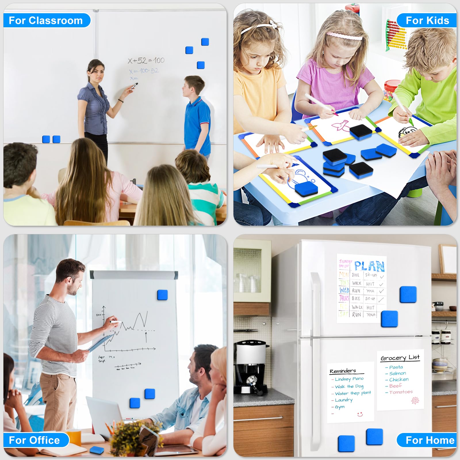 Jumlys Confezione da 200 gomme cancellabili a secco, cancellabili a secco, magnetiche, blu e bianche | 5 x 4 cm, detergenti per lavagna, perfetti per classe, ufficio e casa
