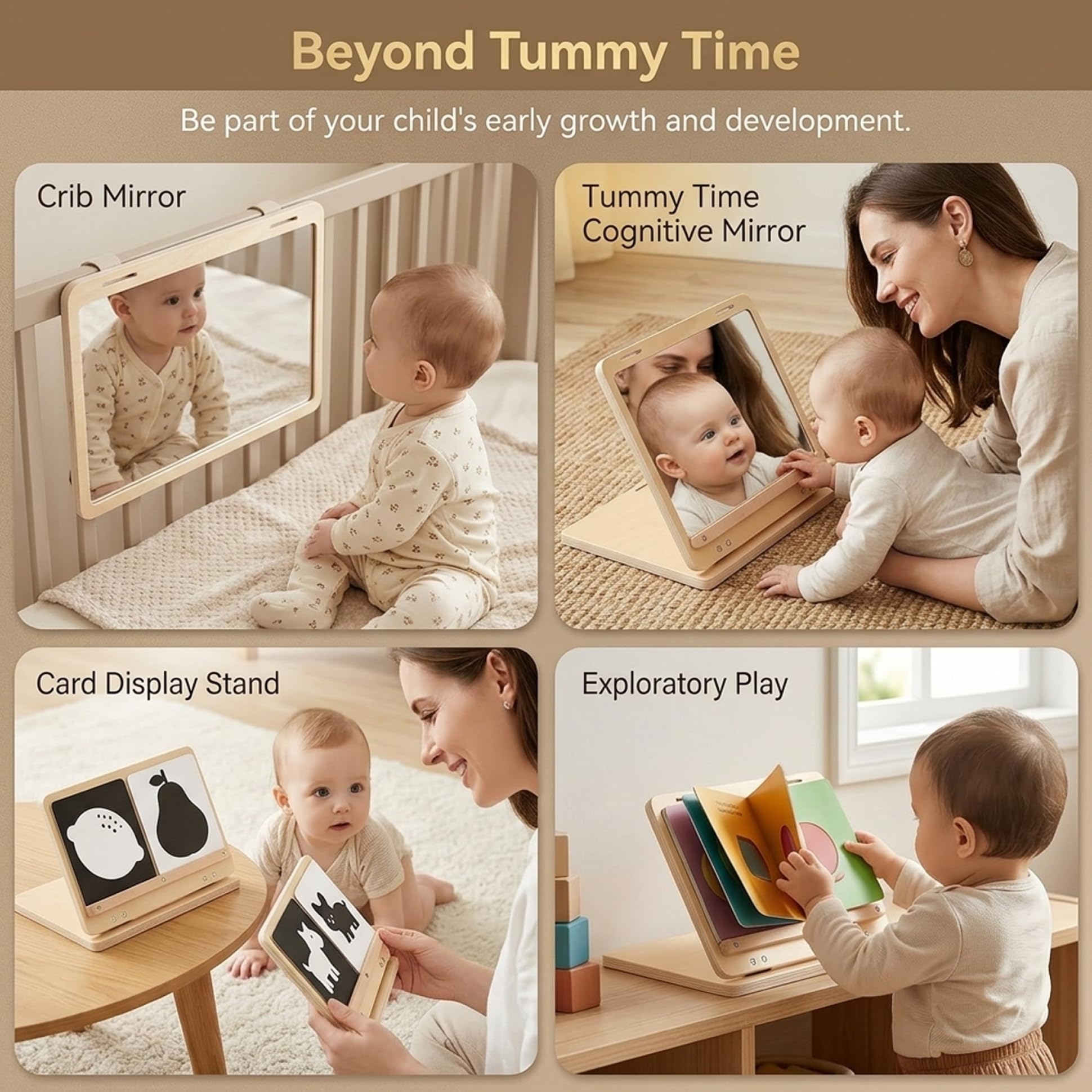 Jouet miroir pour bébé sur le ventre avec support réglable, jouet sensoriel Montessori avec cartes visuelles pour nouveau-nés de 0 à 3 mois, en bois pour le développement visuel du nourrisson
