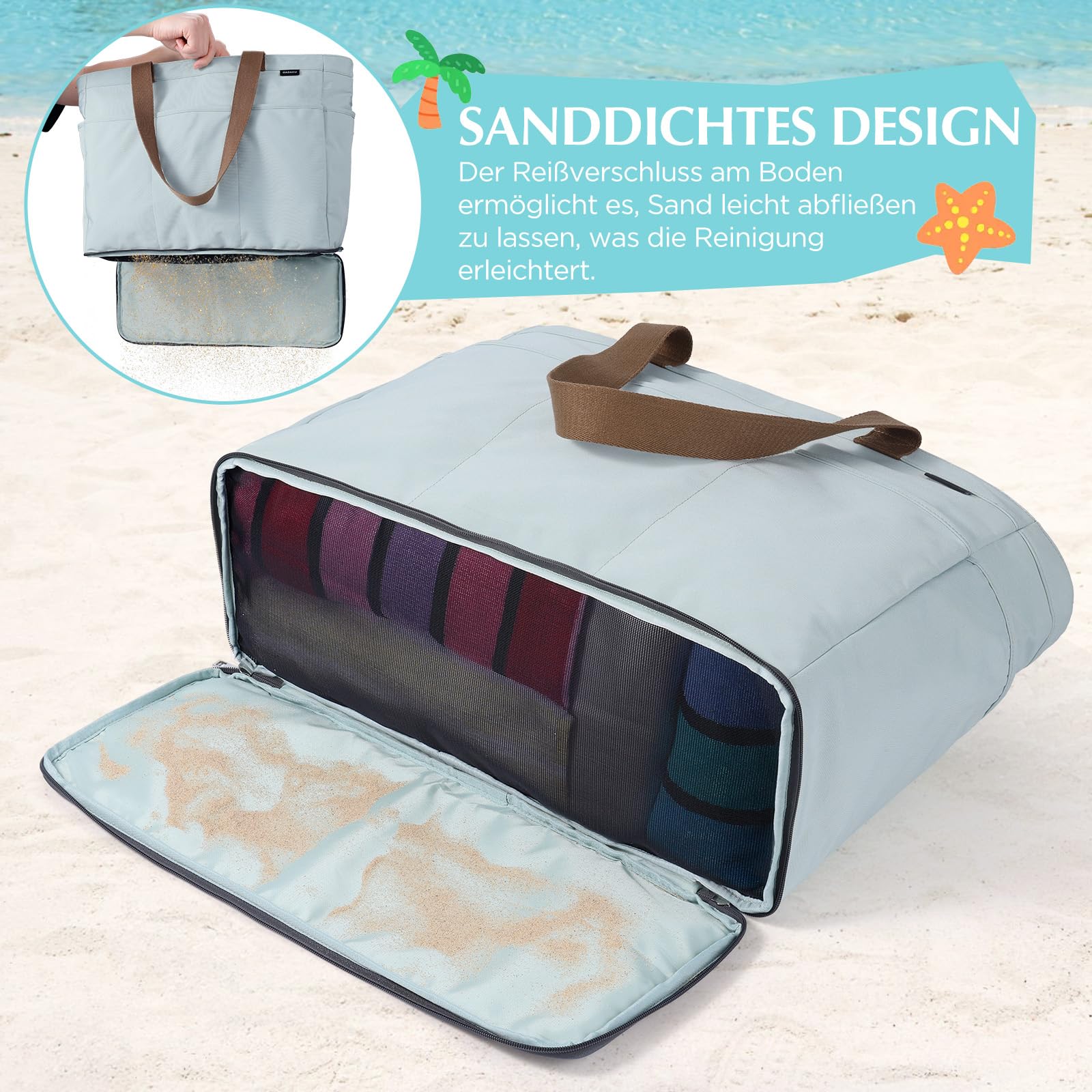 GAGAKU Strandtasche XXL mit Kühlfach, Wasserfest Beach Bag mit Reißverschluss, Faltbar, 50x38x19cm