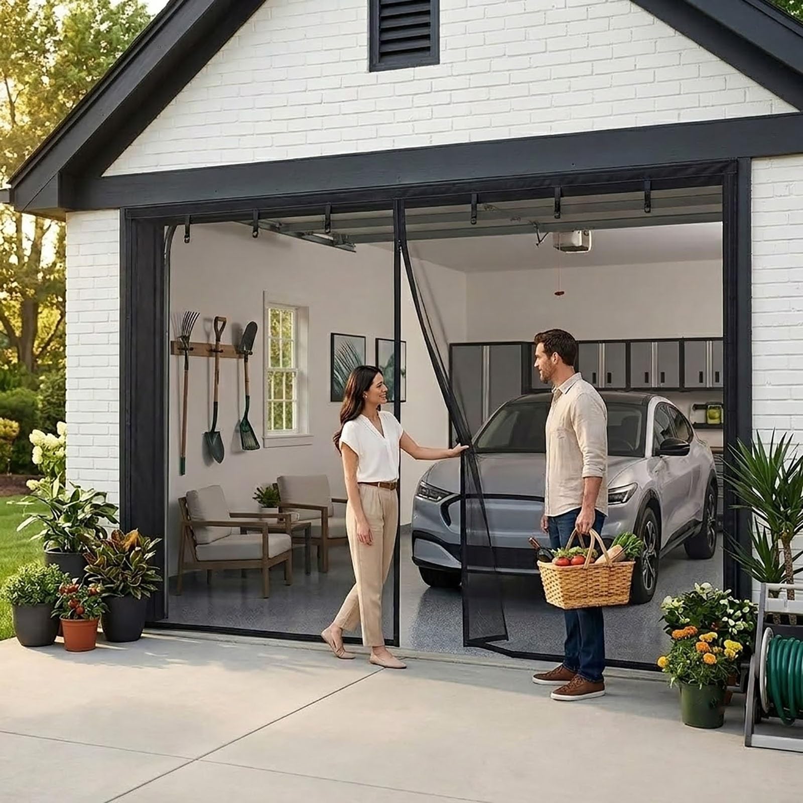 Verstärkte Glasfaser Garagentorgitter, Magnetische Insektenschutz Fliegengittertür mit Klettbändern, Automatisches Schließen Moskitonetz, für Garage Veranda Ohne Bohren(Schwarz,330x230cm)
