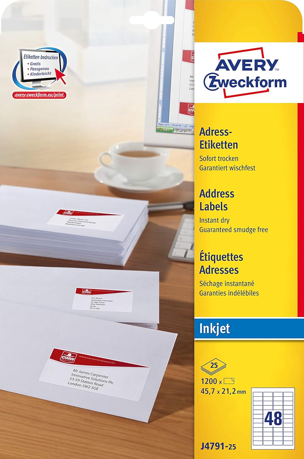 AVERY Zweckform J4791-25 Address Labels (1,200 Labels, 45.7 x 21.2 mm on A4, Printable, Self-Adhesive, for Return Labels, Matte Paper, Inkjet Printer), 25 Sheets, White