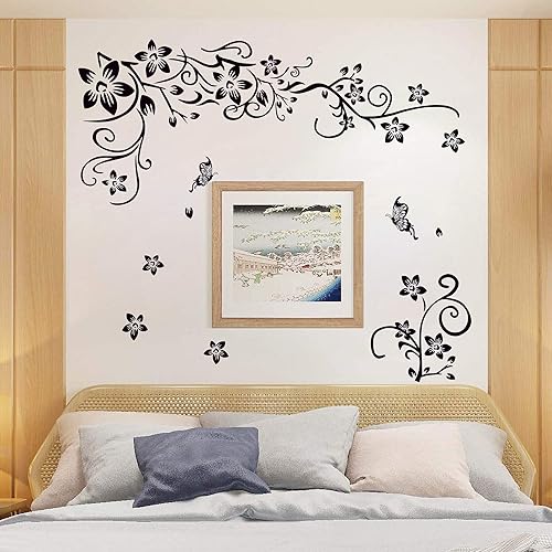 Miniatura 2 de Amaonm Removable Vinyl Black Flowers and Flower Vines Wall Decals DIY Home Art Decor Decorative Wall Sticker Murals for Bedroom Living Room Tv Sofa
