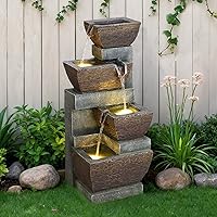 Kingsyard 28" 4-Tier Outdoor Water Fountain with 12 LED Lights - Cascading Rock Waterfall for Patio, Garden, Deck Relaxation