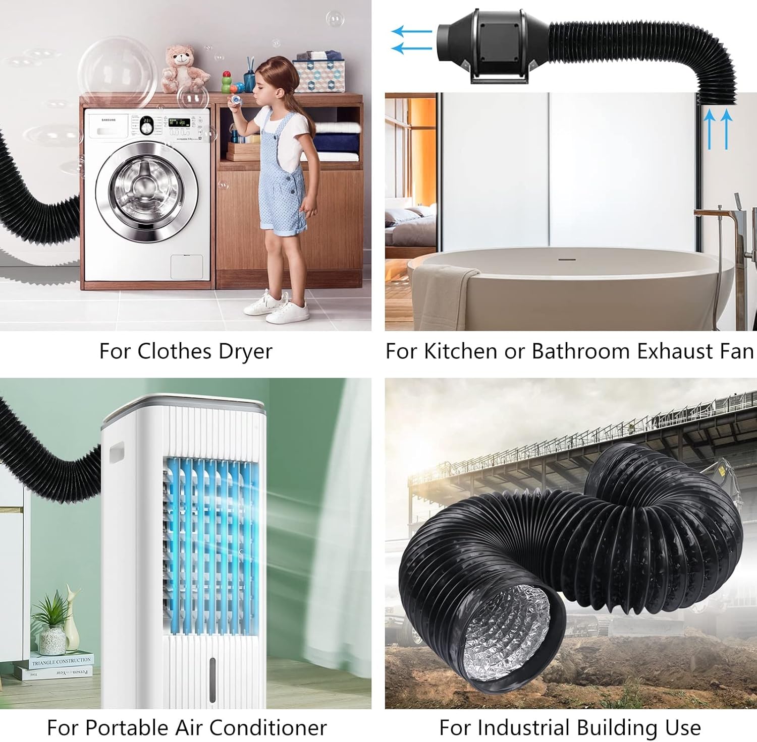 4 Inch 5 Feet Air Ducting, Flexible 1.5m Length Aluminum Dryer Vent Hose Kit for HVAC Ventilation with 2 Clamps, Black