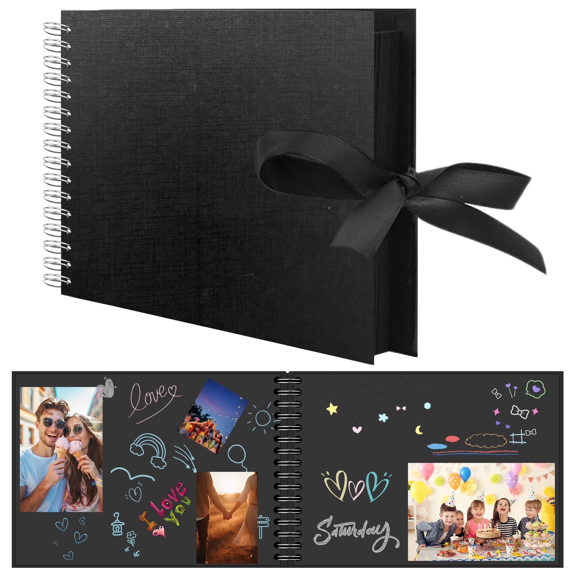 Liyerfer 100 Pages Black Scrapbook A4, 11.7x8.3 Inch Scrap Book DIY Photo Flbum, Hardcover Blank Page Memory Book for Wedding Anniversary Family, 50 Sheets