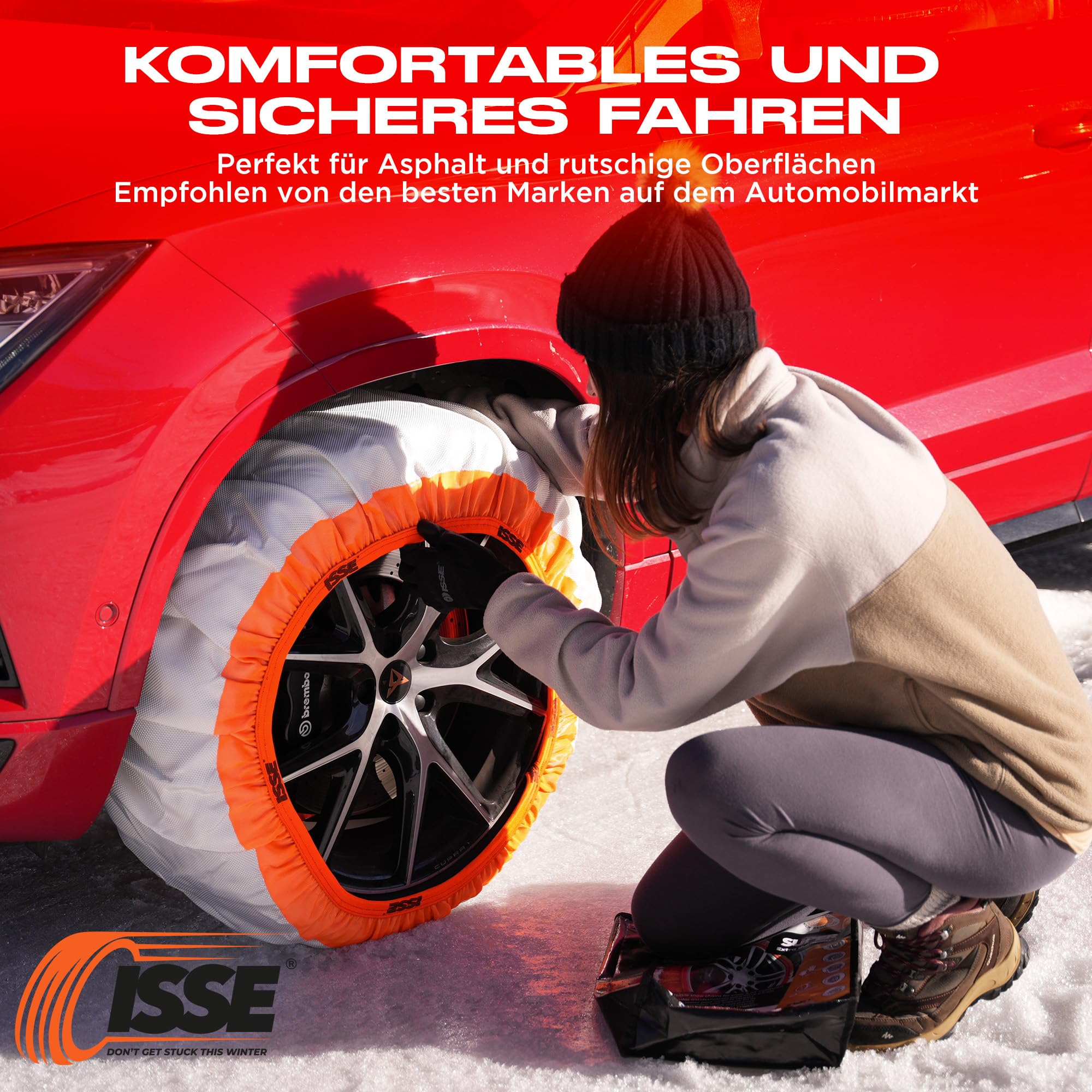 ISSE Schneesocken Super T-70 | Textil-Schneeketten, zugelassen und hohe Sicherheit – Set mit 2 Ketten für Autos + Handschuhe
