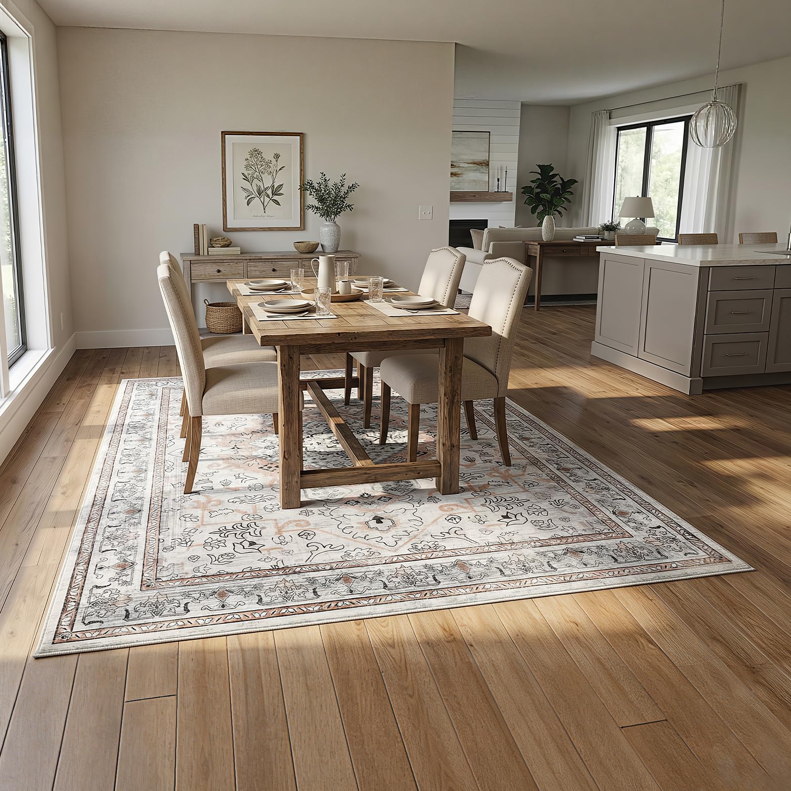HOOBRO Tapis Lavable en Machine, 270 x 180 cm, Tapis de Salon Style Bohème, Descente de Lit à Poil Bas, pour Entrée, Cuisine, Salon, Chambre, Bureau, Beige Rustique EEF04AR01