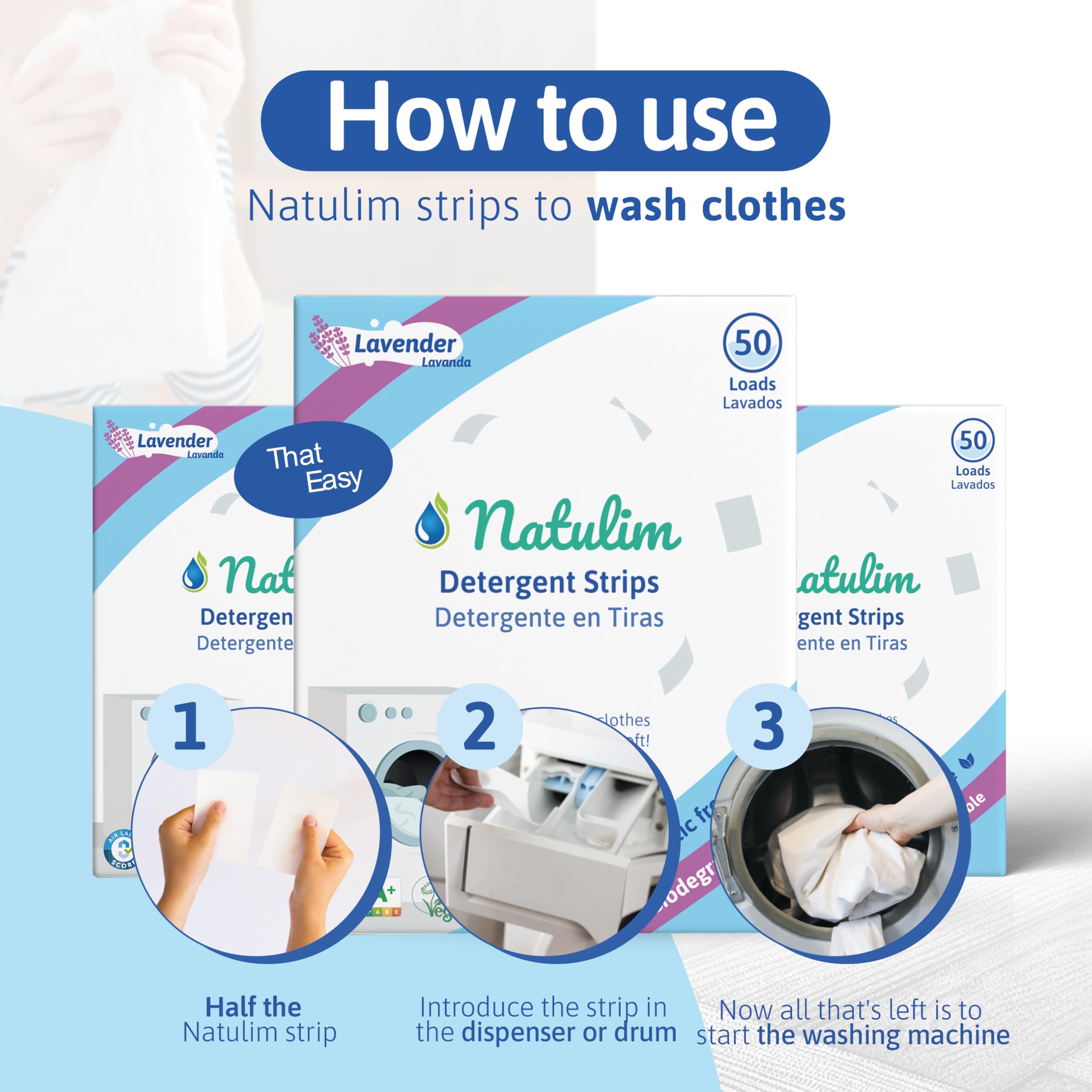 Natulim - Detergent w taśmach do prania (180 prani) - Zawiera efekt zmiękczający, ekologiczny, przyjazny alergikom, Zero Waste - Czyste, miękkie ubrania bez brudu planety (Lawenda)