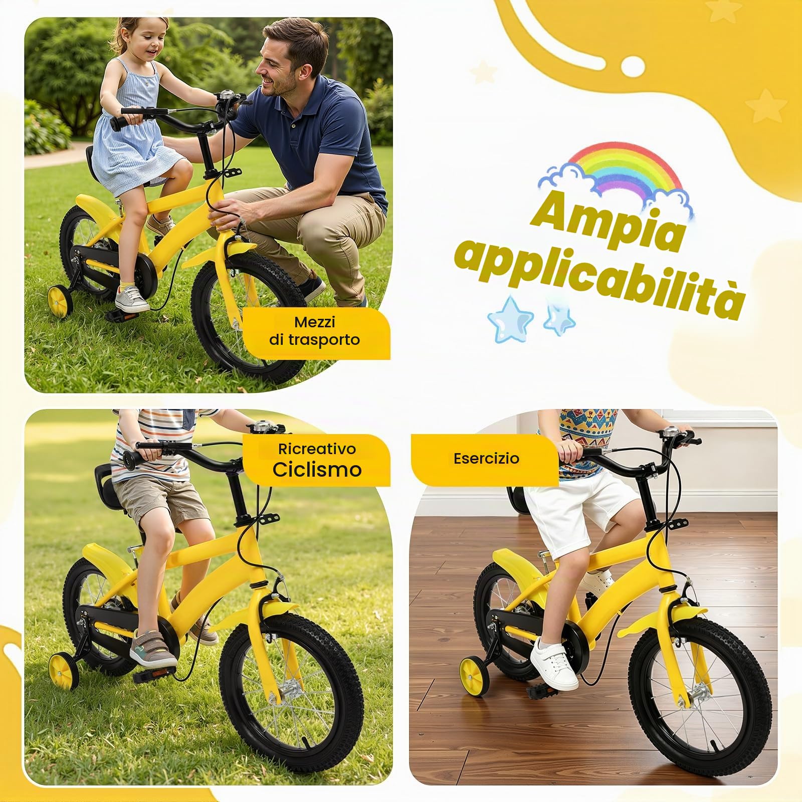 Bicicletta per bambini da 14 pollici regolabile in altezza, a partire dai 3 anni, bicicletta sicura con rotelle stabilizzatrici e sistema a doppio freno, per ragazzi e ragazze, perfetta per