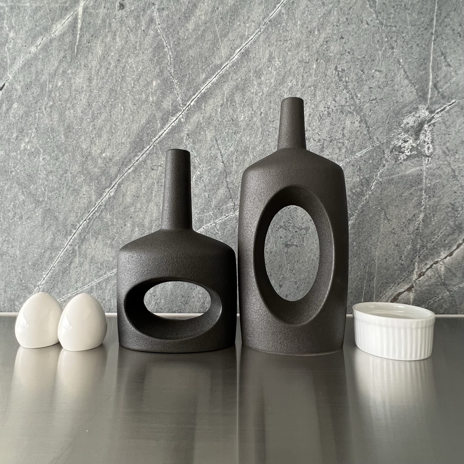H-Wares Modern Ceramic Vases. 2 Set Black Vases for Home Decor. Modern Vases for Nordic Decor. Hollow Donut Vase in Kitchen Decor, Living Room Decor. Black Vase