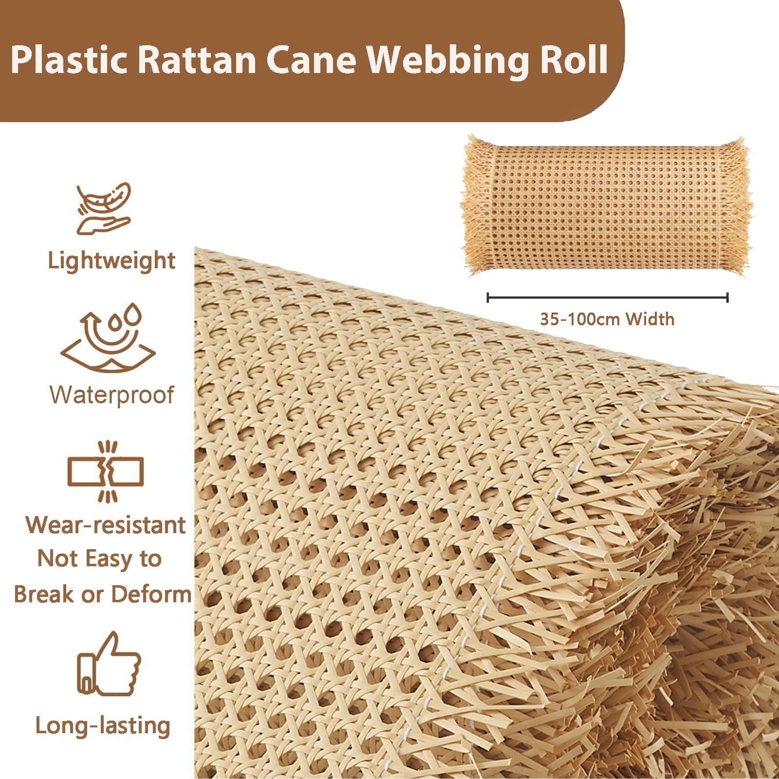 Syntetyczna rattanowa rolka Treccia 35–120 cm, wodoodporna, plastikowa tkanina wiklinowa, ręcznie wykonana, sztuczny rattanowy arkusz siatkowy, otwarty splot, do projektów DIY (81 x 3,5 m)