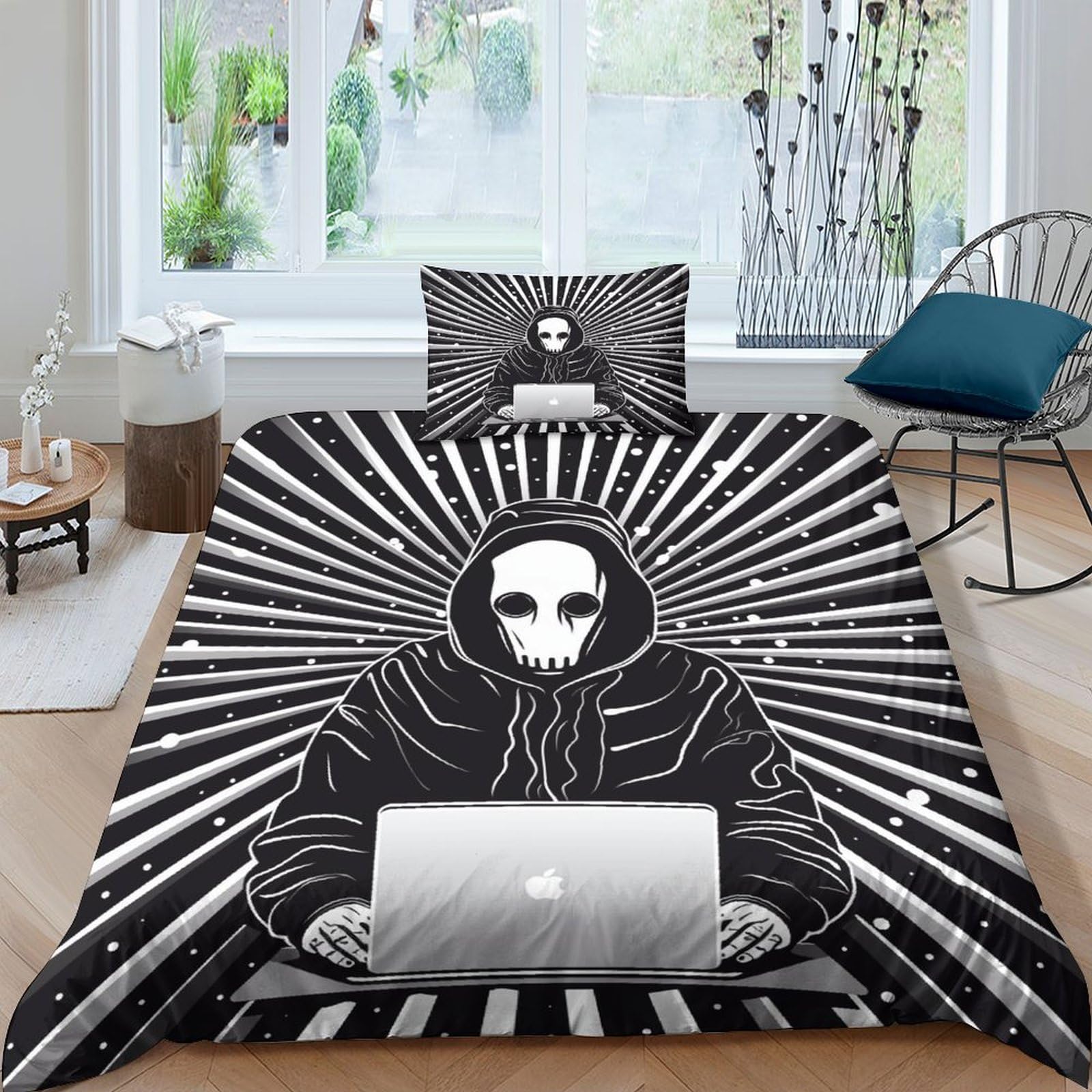 Housse de couette crâne 135x200cm avec taies d'oreiller en microfibre à rayures