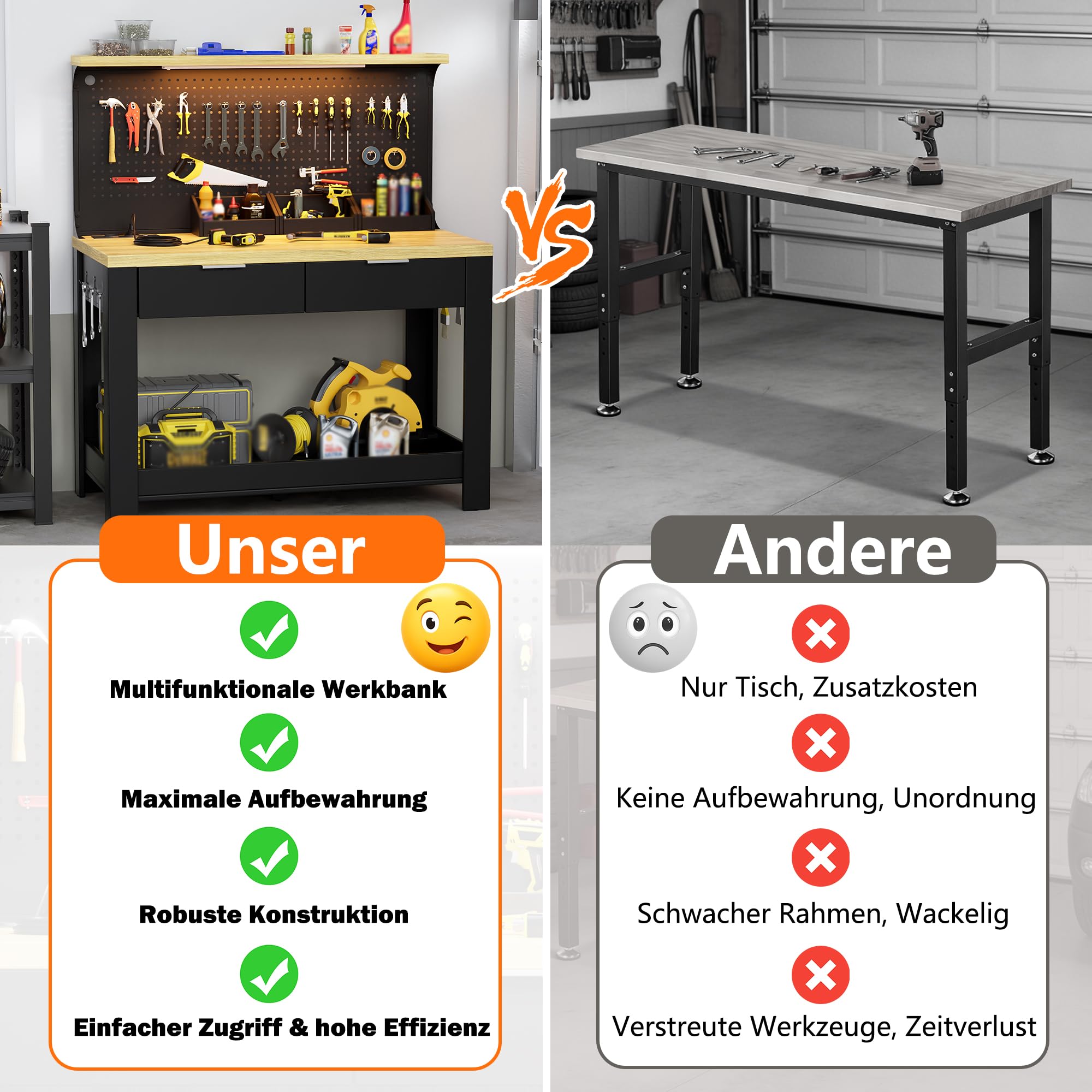 Werkbank mit LED-Arbeitsleuchte und Steckdose, Werktisch mit 2 Schubladen,Lochrückwand & DREI Ablagefächer Werkzeugbank Multifunktionstisch für Garage Werkstatt, 200KG Belastbarkeit 56x110x135CM