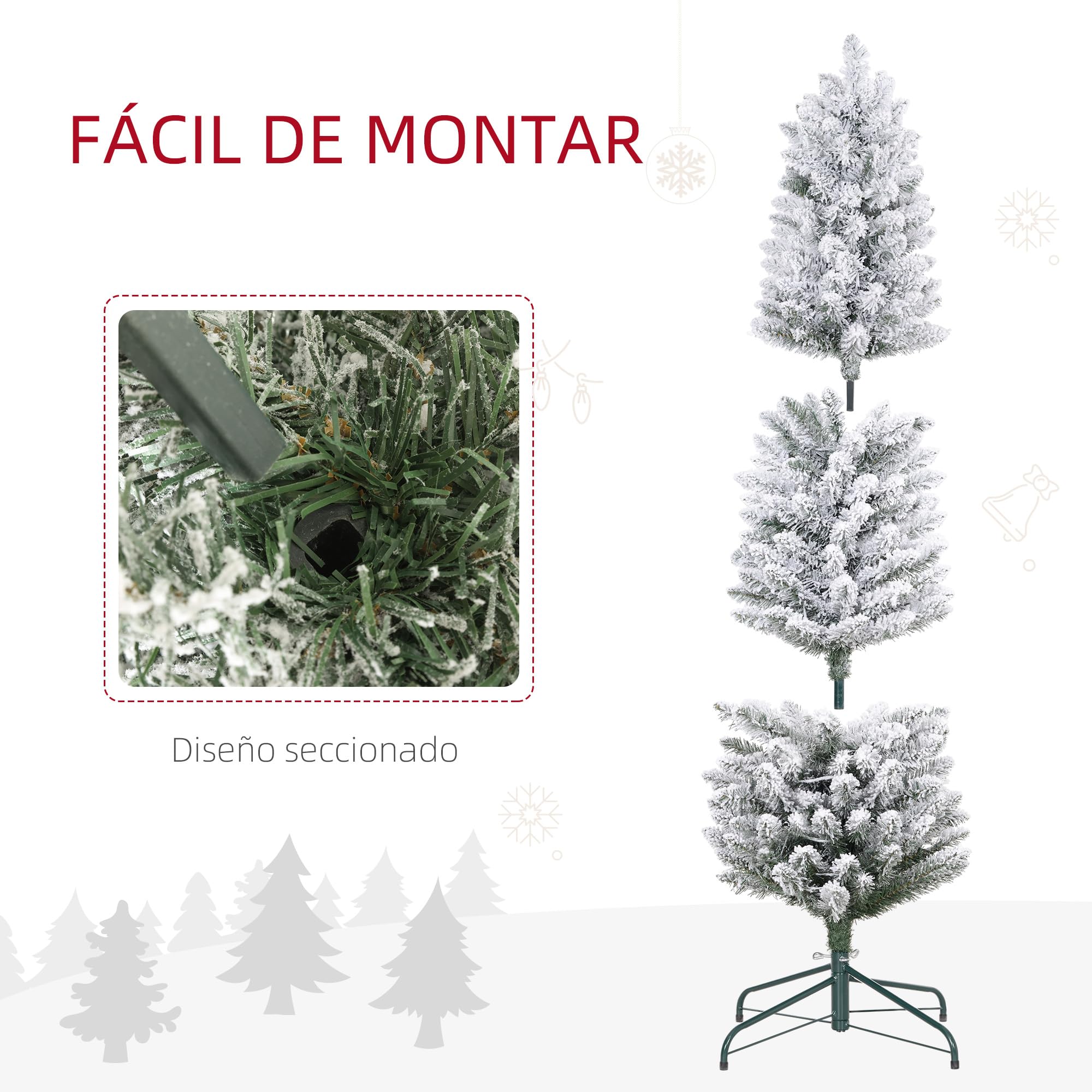 HOMCOM Árbol de Navidad Nevado 150 cm 120 Luces LED Verde y Blanco | Árbol de Navidad Artificial, 263 Ramas, Patas de Metal, para Salón