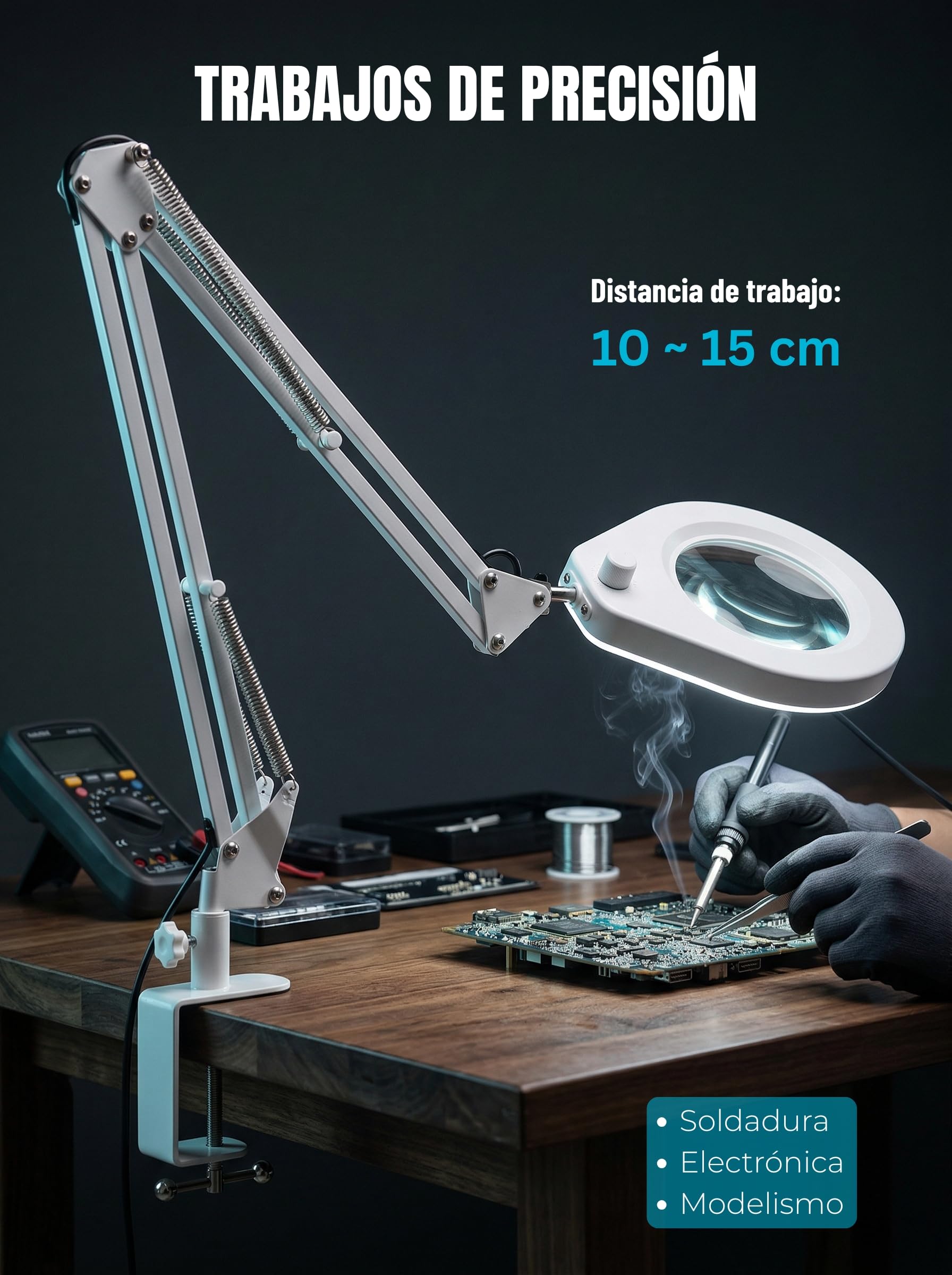 Lámpara de Aumento con Cristal de 5 dioptrías, Abrazadera de Acero de 6,4 cm, LED Regulables, Brazo Giratorio de 90 cm, diseño de Confort óptimo para esteticistas, Aficionados y Artesanos