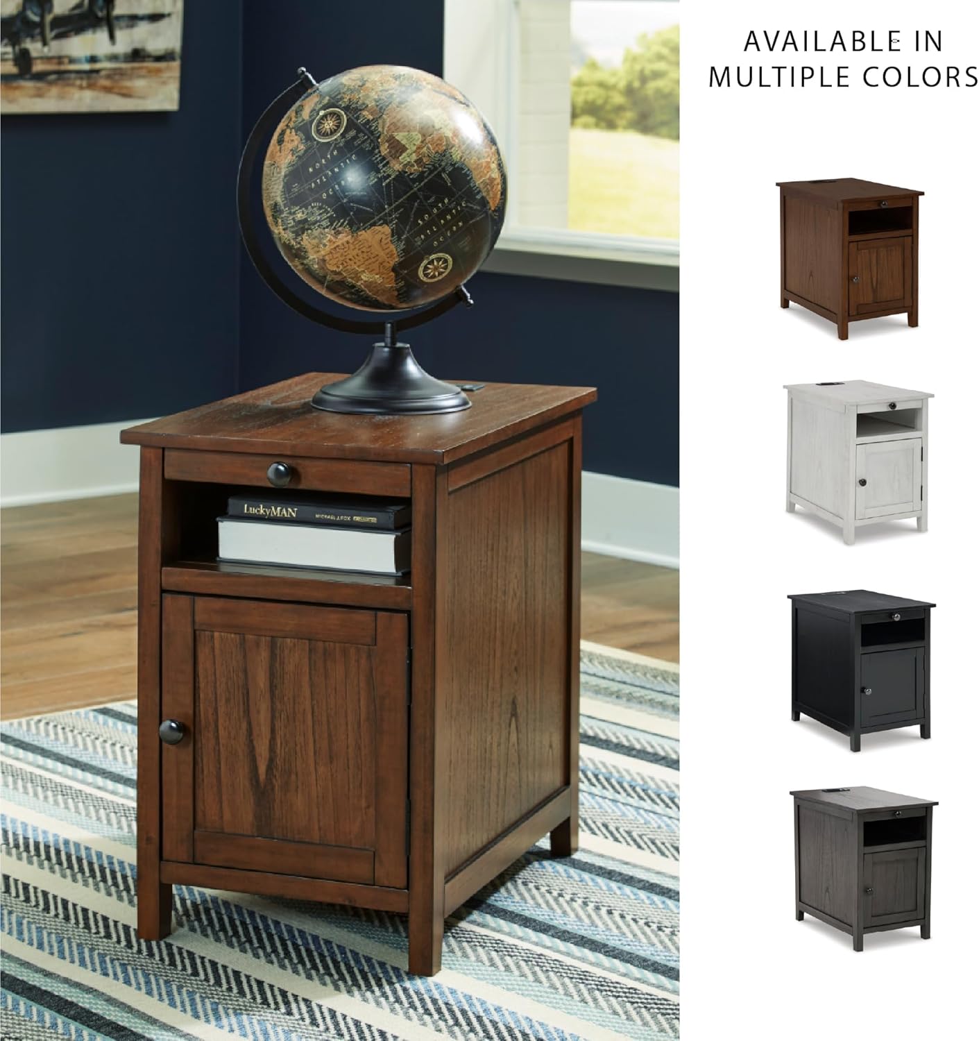 Signature Design by Ashley Treytown Casual Compact Chairside End Table with a Storage Cabinet, Open Cubby Shelf, Pull-Out Tray & USB Charging Ports, Brown