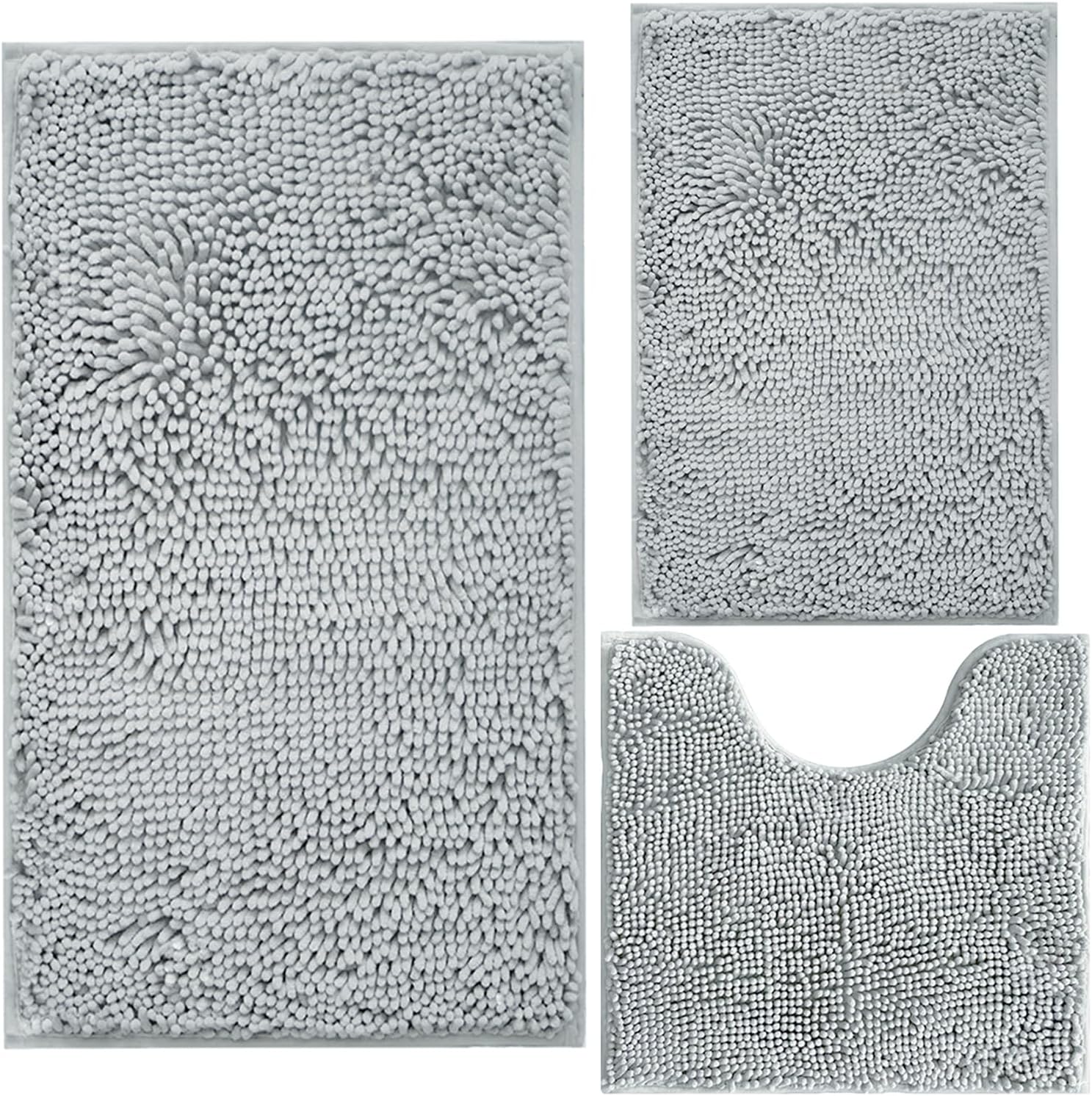 Bathroom Rugs Sets 3 Piece Extra Soft and Absorbent Shag Bathroom Rugs, Machine Wash Mat, Strong PVC Non-Slip Underside, Plush Carpet Mats (Light Grey)