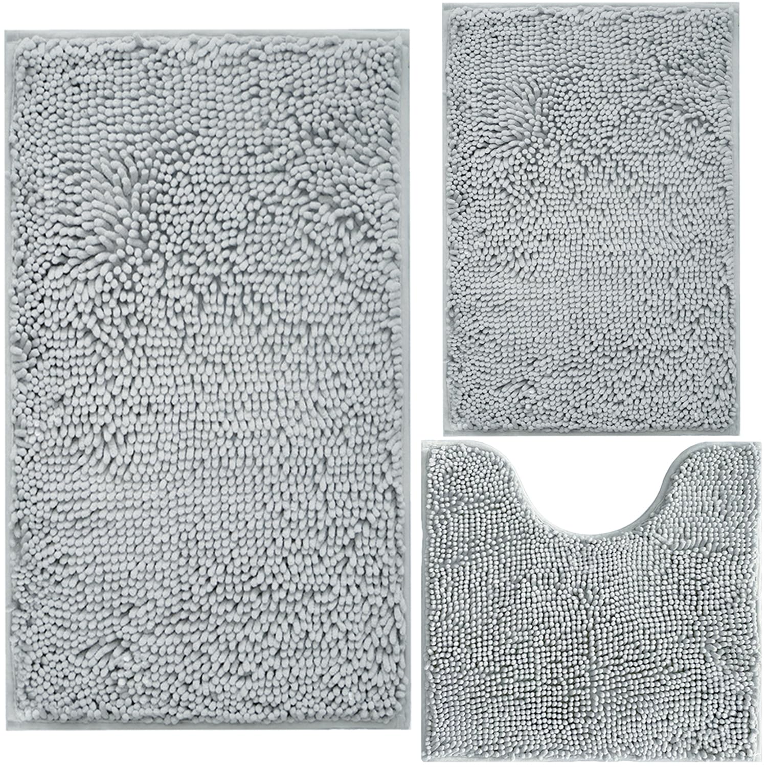 Bathroom Rugs Sets 3 Piece Extra Soft and Absorbent Shag Bathroom Rugs, Machine Wash Mat, Strong PVC Non-Slip Underside, Plush Carpet Mats (Light Grey)