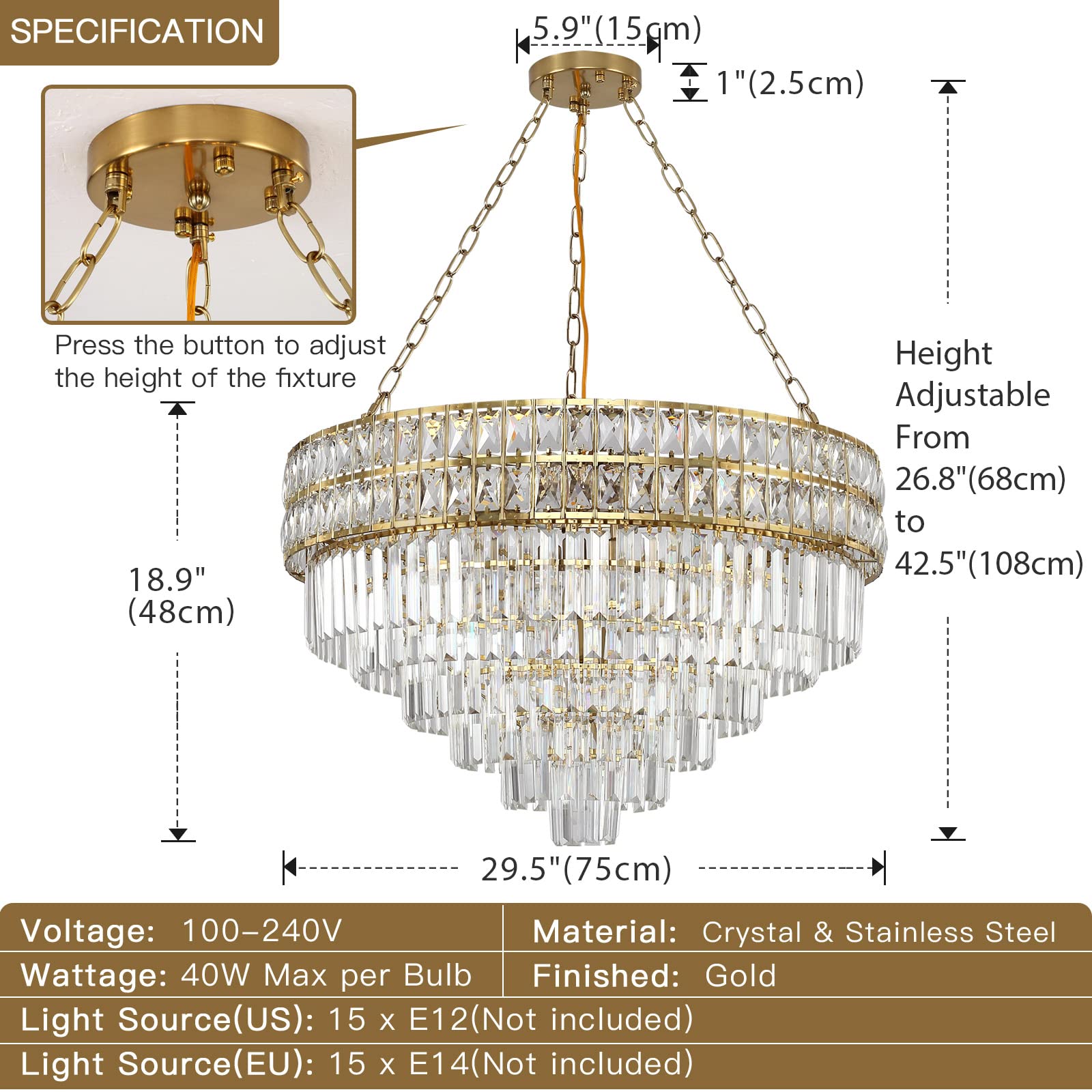 Lámpara de Araña Moderna de Cristal con Acabado Dorado, Lámpara Colgante Redonda de Cristal, Para Salón, Comedor, Restaurante, E14 x 15, Ø75cm