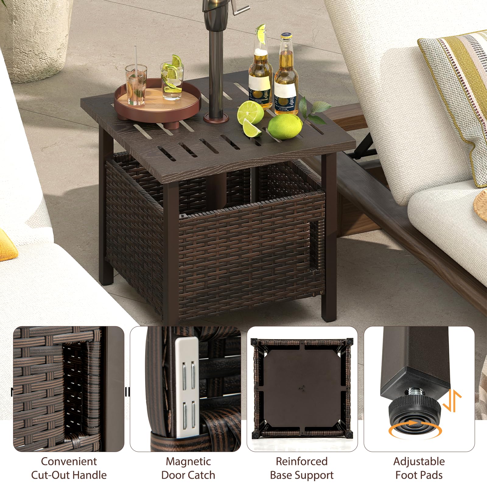 LIFEZEAL Mesa de Jardín de Polirratán con Orificio para Sombrilla, Mesa Auxiliar para Exterior, Resistente a la Intemperie, Mesa de Terraza con 2 Sacos de Arena, para Balcón y Jardín, Marrón