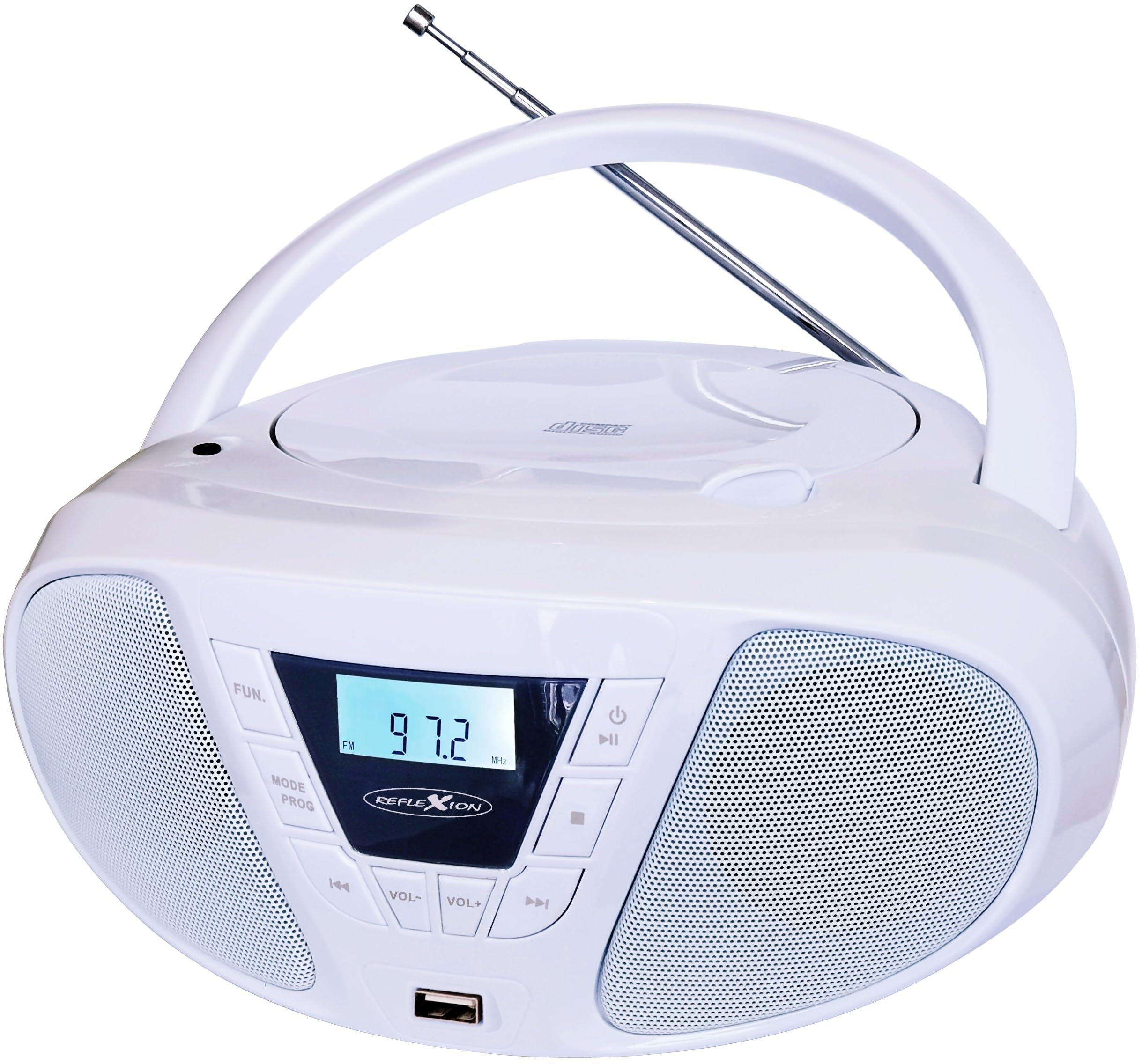 REFLEXION CDR614UWH, Tragbares CD-UKW-PLL-USB-Stereo Radio (2x16 Watt max. Musikleistung), USB für MP3-Wiedergabe, 3,5mm AUX-IN Anschluss, Programmier-Funktion (CD: 20 Tracks), Weiß