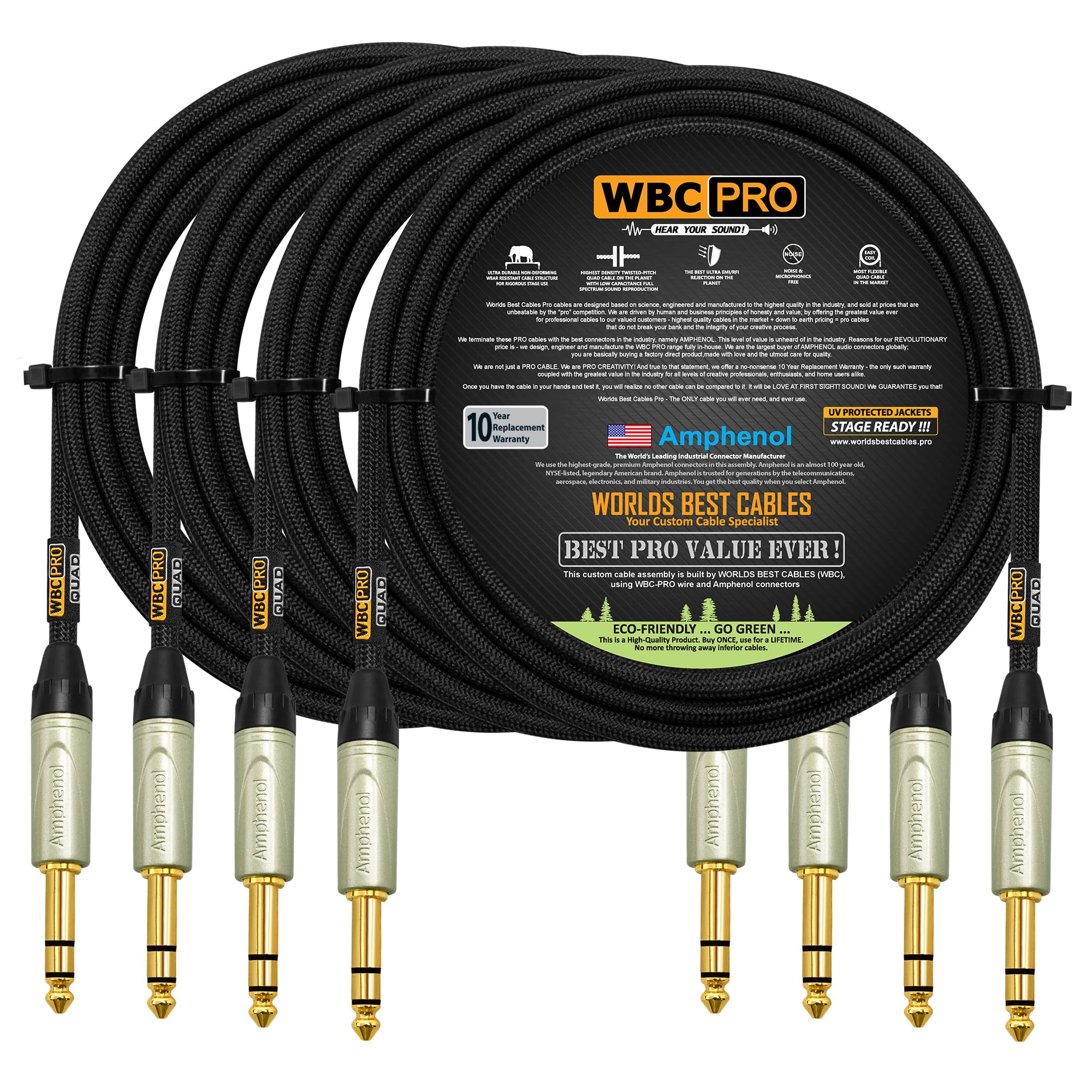 4 Units - 8 Foot - WBC-PRO-Quad Ultra-Silent Ultra-Flexible Balanced Star-Quad Cable with Amphenol QS3P-AU ¼ Inch (6.35mm) Gold Straight TRS Stereo