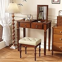 Vista 1 de Escritorio pequeño con juego de taburetes, mesa de tocador de maquillaje con espejo abatible y taburete tapizado, tocadores de madera maciza con 2