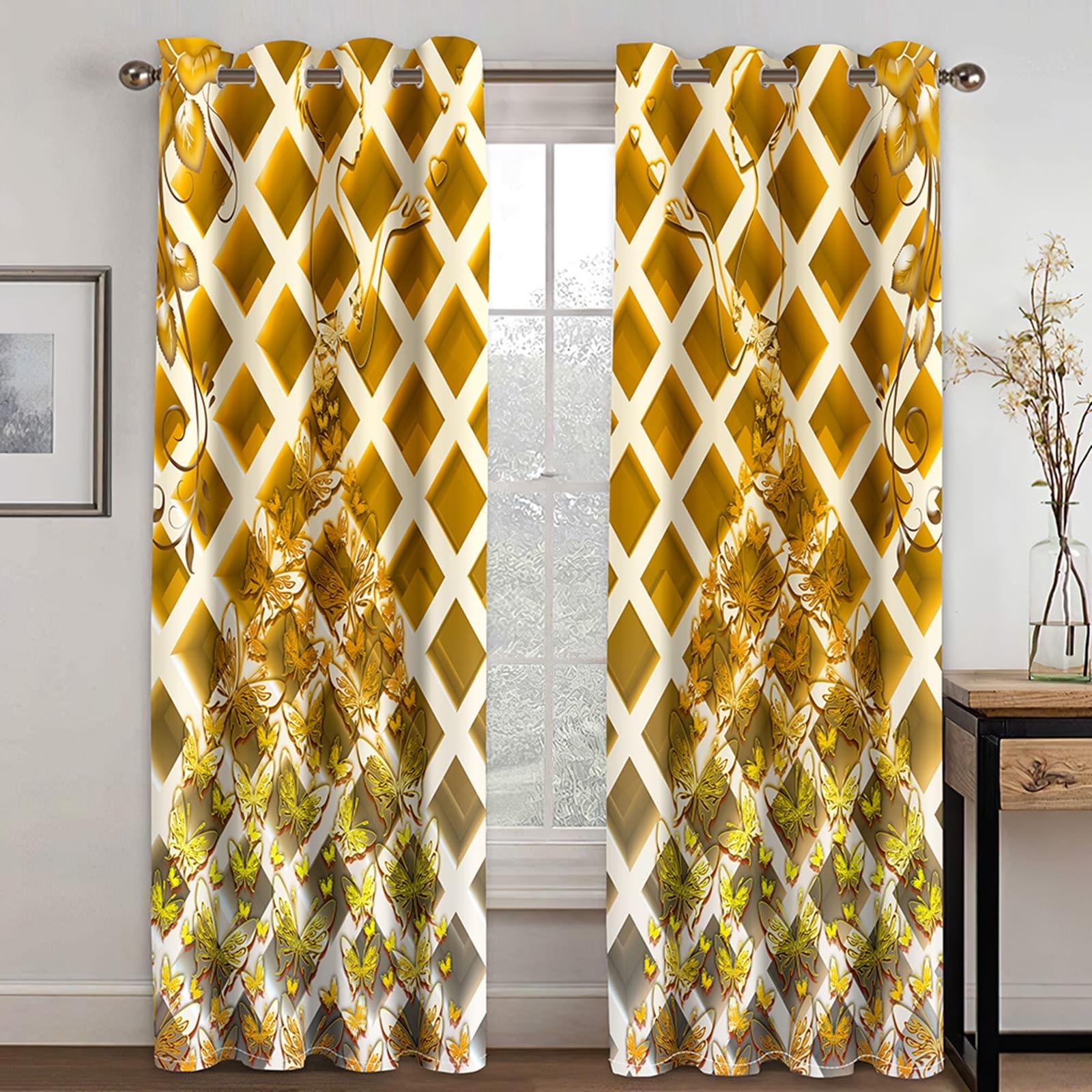 Rideaux Beige Rideau Lot de 2, Rideau Jour Nuit Décoration Florale de Style Chinois 137x214CM(WxH)