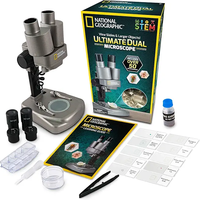 National Geographic Dual LED Microscope Science Kit 50+ pcs with 10 prepared slides and 10 blank slides