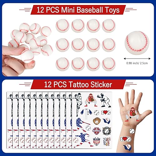 Miniatura 4 de Erweicet Juego de 72 popotes de béisbol, pulseras de silicona, calcomanías de tatuaje, mini pelotas hinchables, juguetes para rellenos de bolsas de