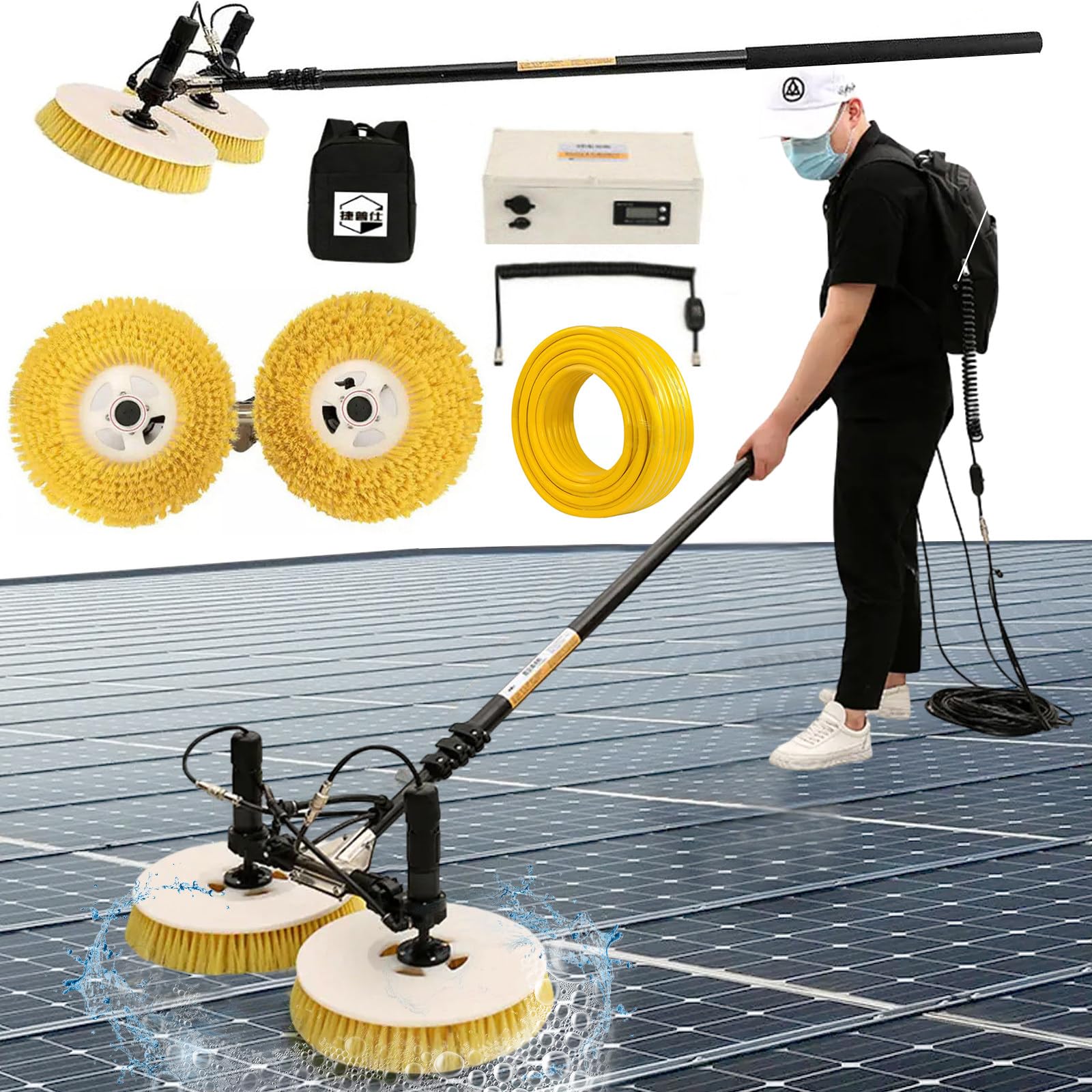 AYCDL Solar Panel Cleaning Kit with Telescopic Pole, Dual Rotating Brush, Long Water Hose & Power Cable for Efficient Photovoltaic Maintenance,750cm