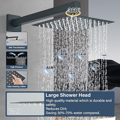 Miniatura 43 de Juego de grifo de ducha de níquel cepillado con cabezal de ducha de lluvia de 12 pulgadas y rociador de mano montado en la pared con válvula