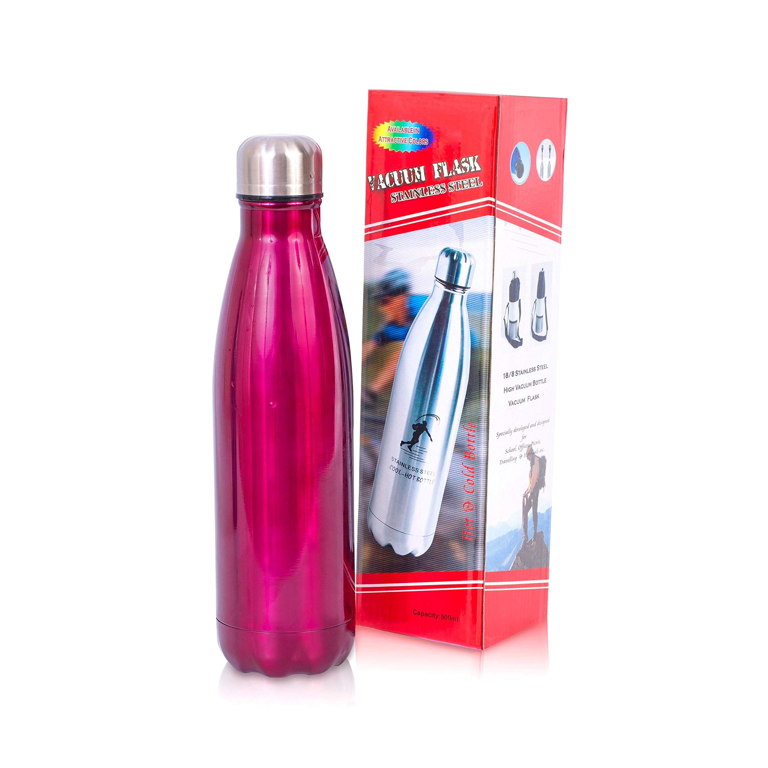 KAV Stainless Steel Vacuum Insulated Water Bottle Leak-Flask, 500ml/18 oz (Hot pink)