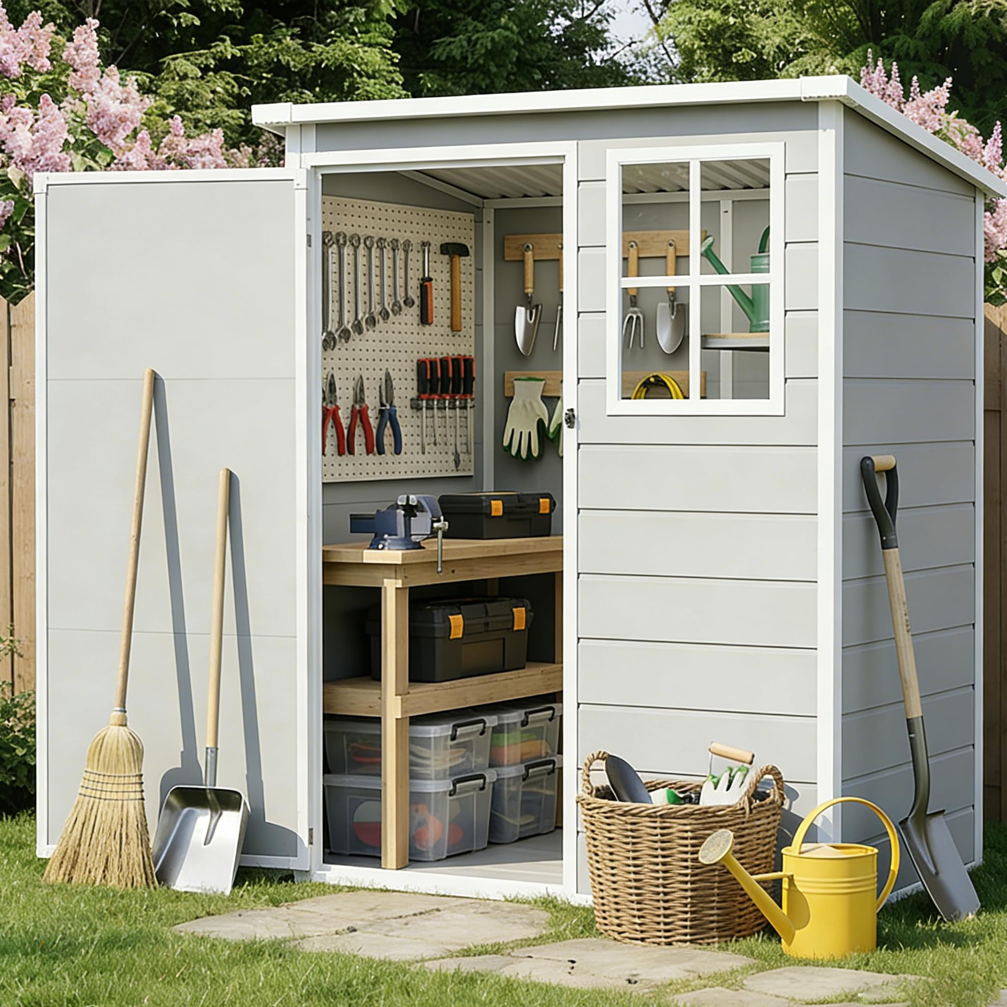 Kunststoff Gerätehaus 138×110.5×182cm,Geräteschuppen mit Fenstern, Schrägdach und Sicherer Tür,Zur Aufbewahrung von Gartengeräten. Inklusive Bodenplatte,Ideal für Garten,Terrasse