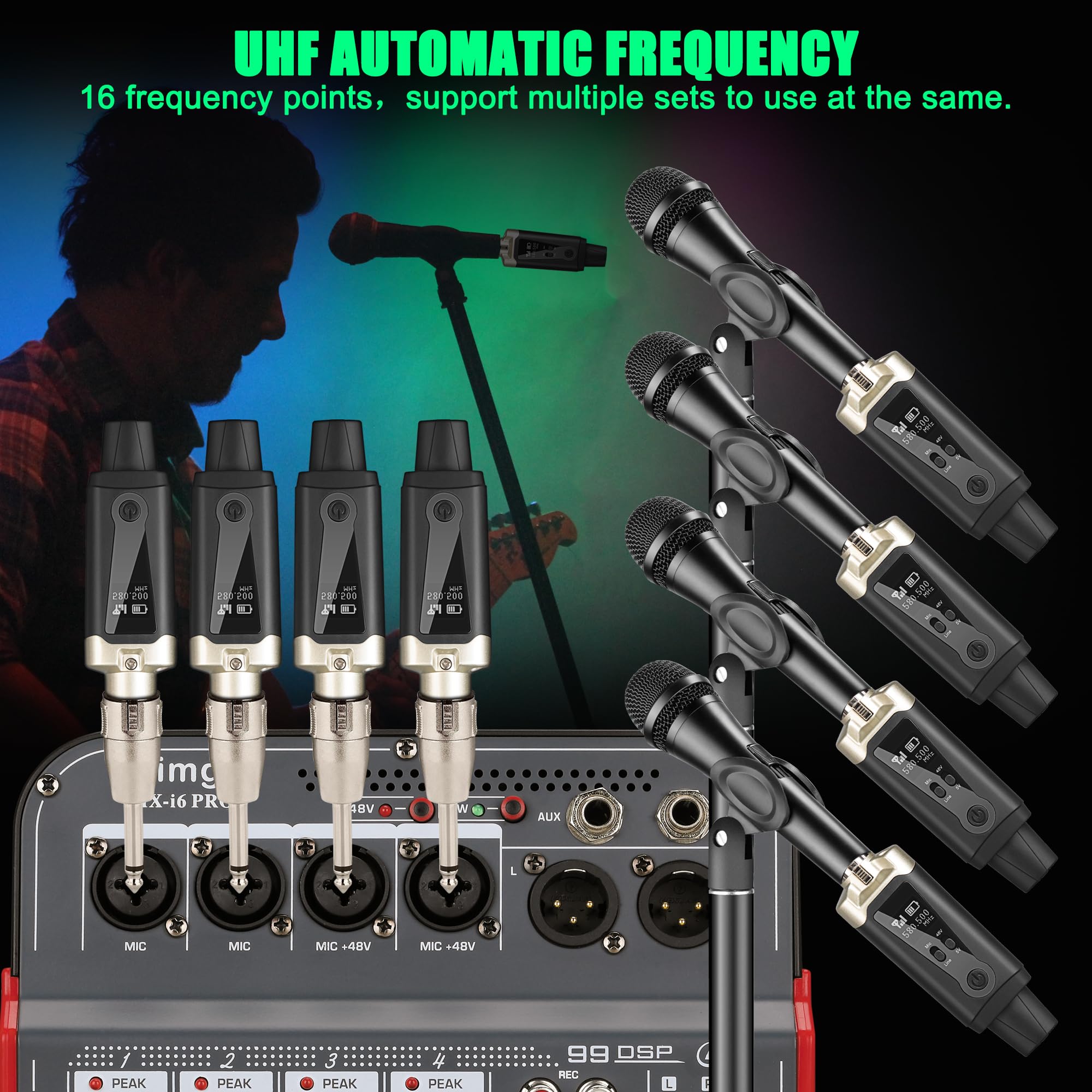 UHF Kabelloser XLR-Sender und Empfänger mit 48 V Phantomspeisung, wiederaufladbarer Mikrofon-Adapter, 16 Kanäle, 59,7 m Reichweite für dynamisches/Kondensatormikrofon, Audio-Mixer, E-Gitarre/Bass