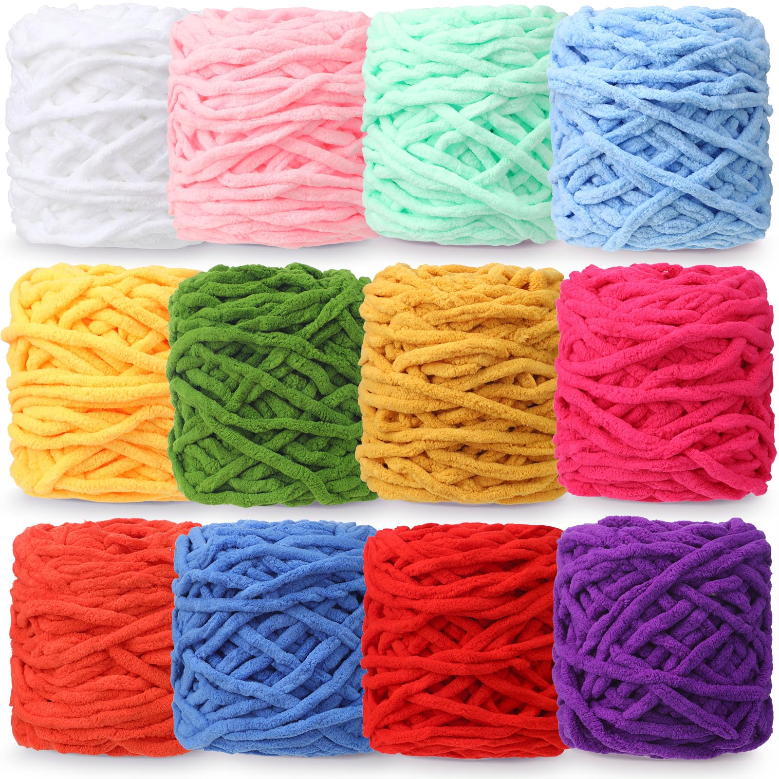 Buryeah 12 Pack Chunky Chenille Yarn for Crocheting Soft Thick Fluffy Yarn for Hand Knitting Bulky Velvet Blanket Plush for Weaving DIY Crafts Each 3.5 oz 55 Yards (Chic Colors)