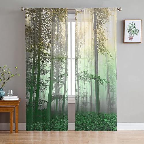 Forest Season - Cortinas traslúcidas de 72 pulgadas de largo, diseño de árboles encantados con niebla mística, juego de 2 paneles, cortinas de gasa