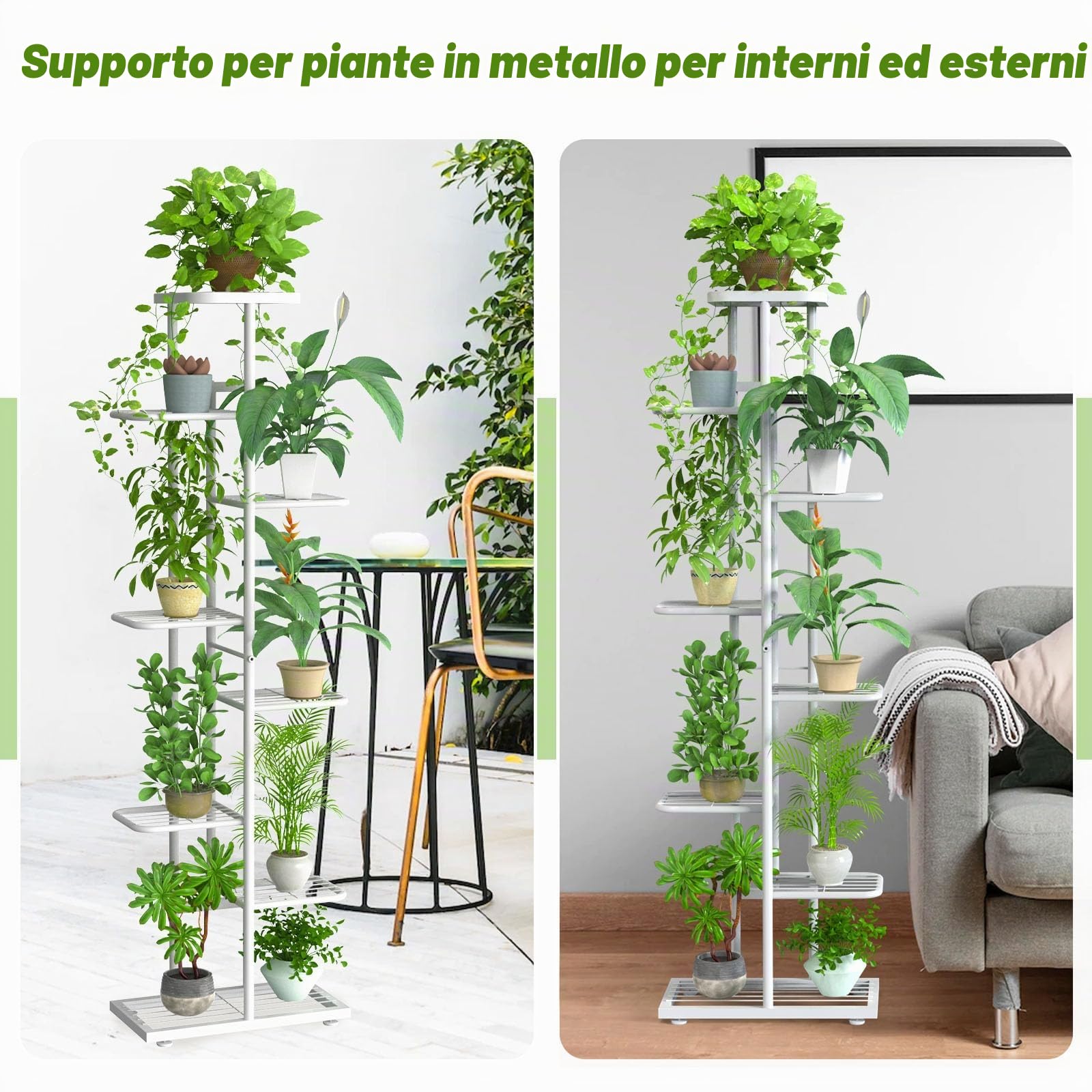 8 Livelli Porta Piante da Interno Esterno con Attrezzi da Giardino e Guanti, 141cm Supporto per Piante Fioriera in Metallo Scaffale Angolare Piedistallo per Piante Vasi da Balcone, Bianco