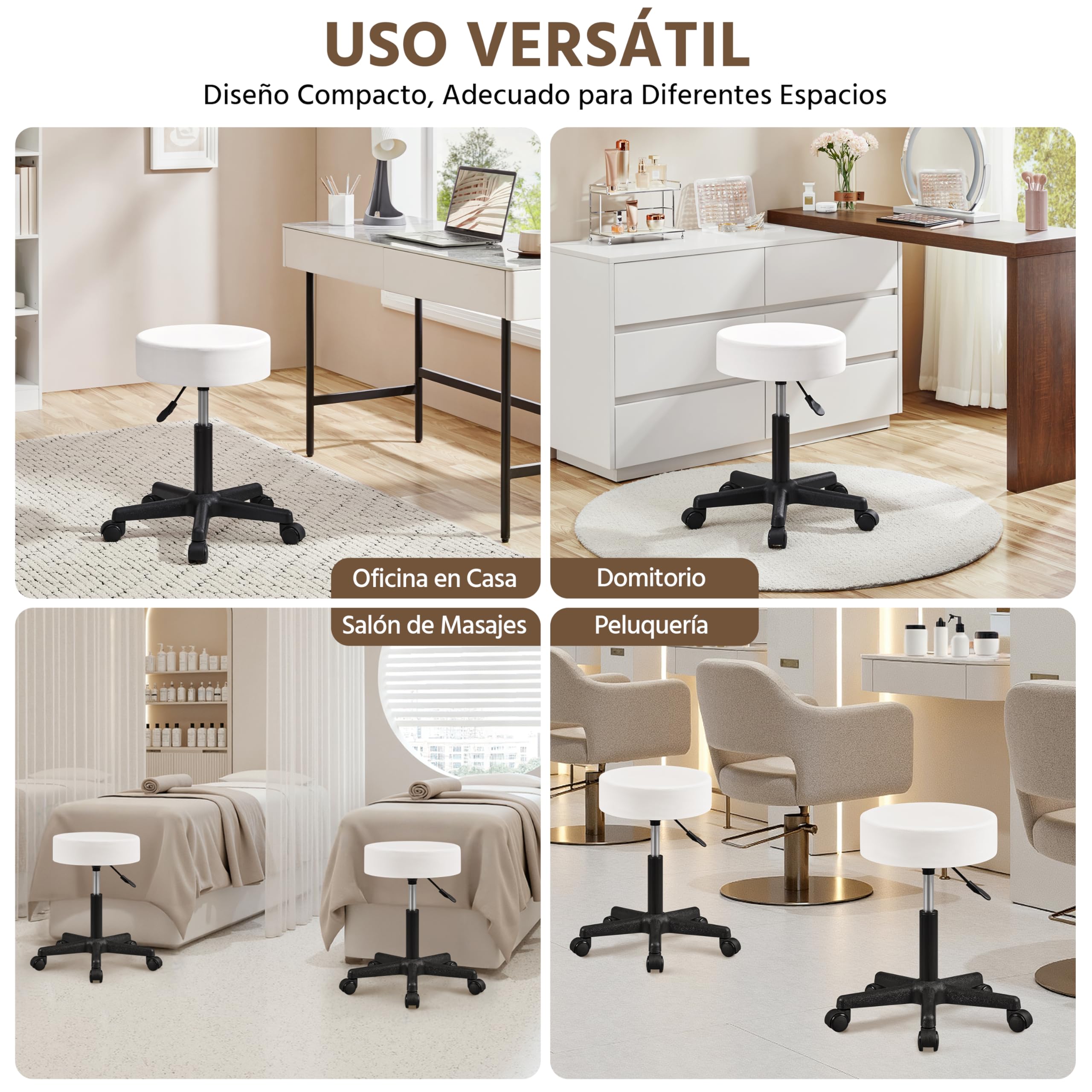 Yaheetech Taburete Giratorio sobre Ruedas, Taburete Rodante Regulable, 46-61.5 cm,Asiento Tapizado de Polipiel Sintético,para Hogar Oficina,Estudio,Tatuajes Salón,Masajes Centro,Belleza,Blanco