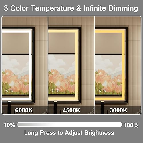 Miniatura 10 de Espejo LED de 24 x 32 pulgadas para baño, espejo de baño negro con luces, regulable, antivaho, montado en la pared, 3000 K4500 K6000 K