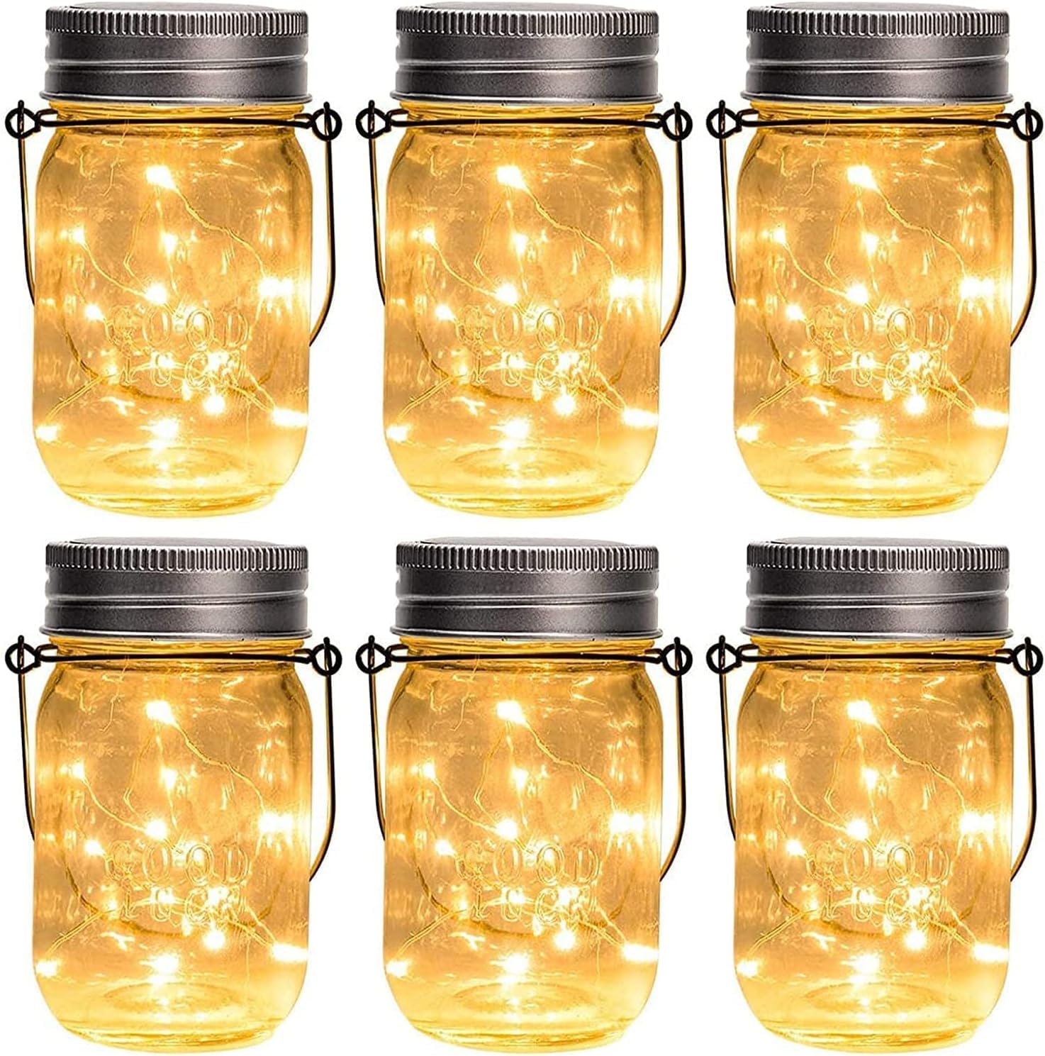 GIGALUMI 6-Pack Hanging Mason Jar Solar Lights - 30 LED Waterproof Lanterns for Patio, Garden, Balcony, Yard Decor