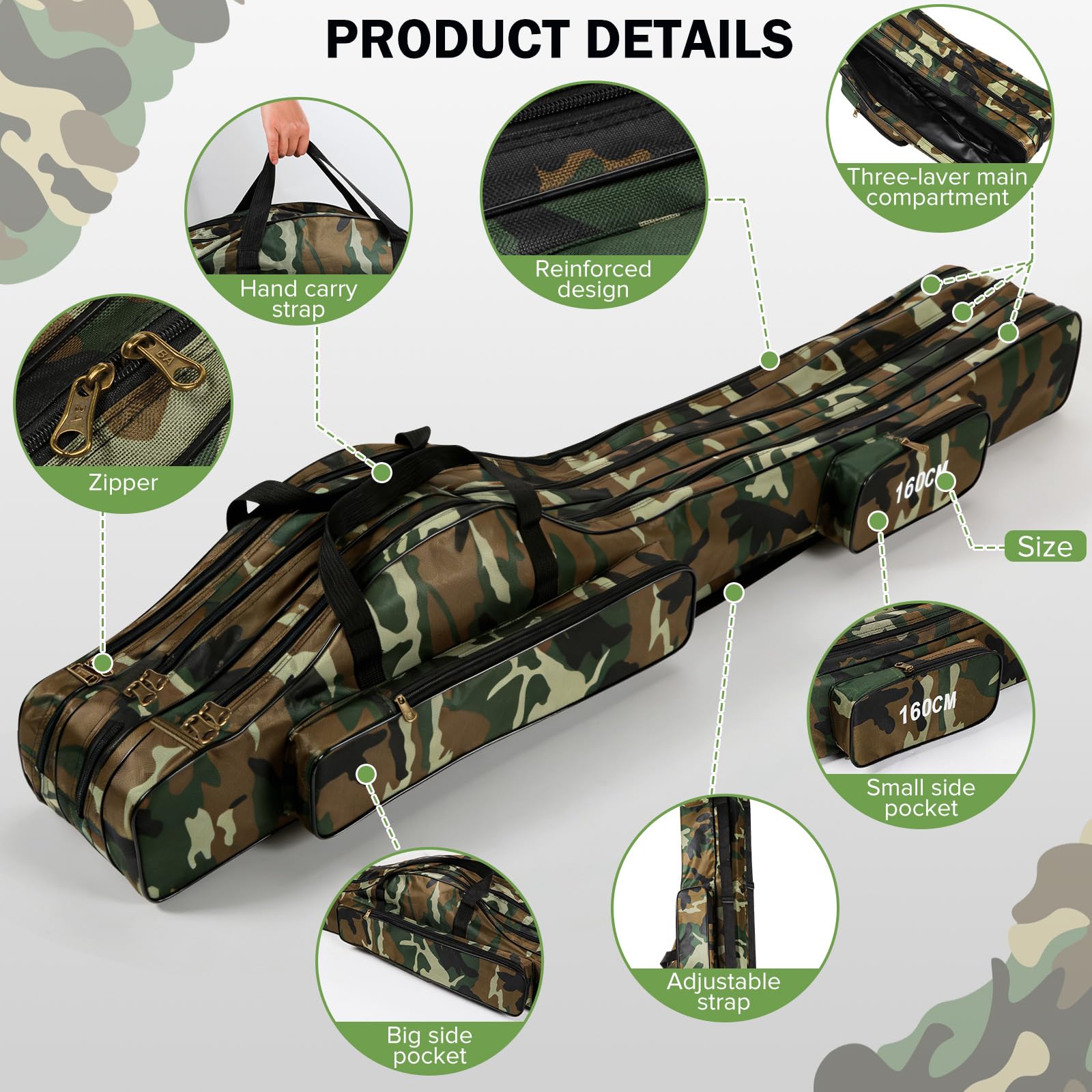 Housse de canne à pêche pliable et portable, housse à 3 couches de 160cm avec organiseur de moulinets et multiples compartiments, housses de canne à pêche étanche rangement cadeau idéals pour pêcheurs