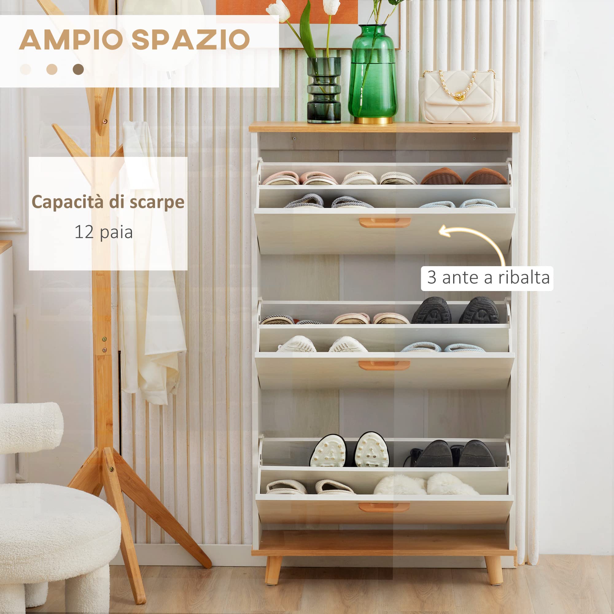 HOMCOM Mobile Scarpiera Salvaspazio in Truciolato con 3 Cassetti e 2 Ripiani Interni Regolabili, 70x23.5x122 cm, Bianco