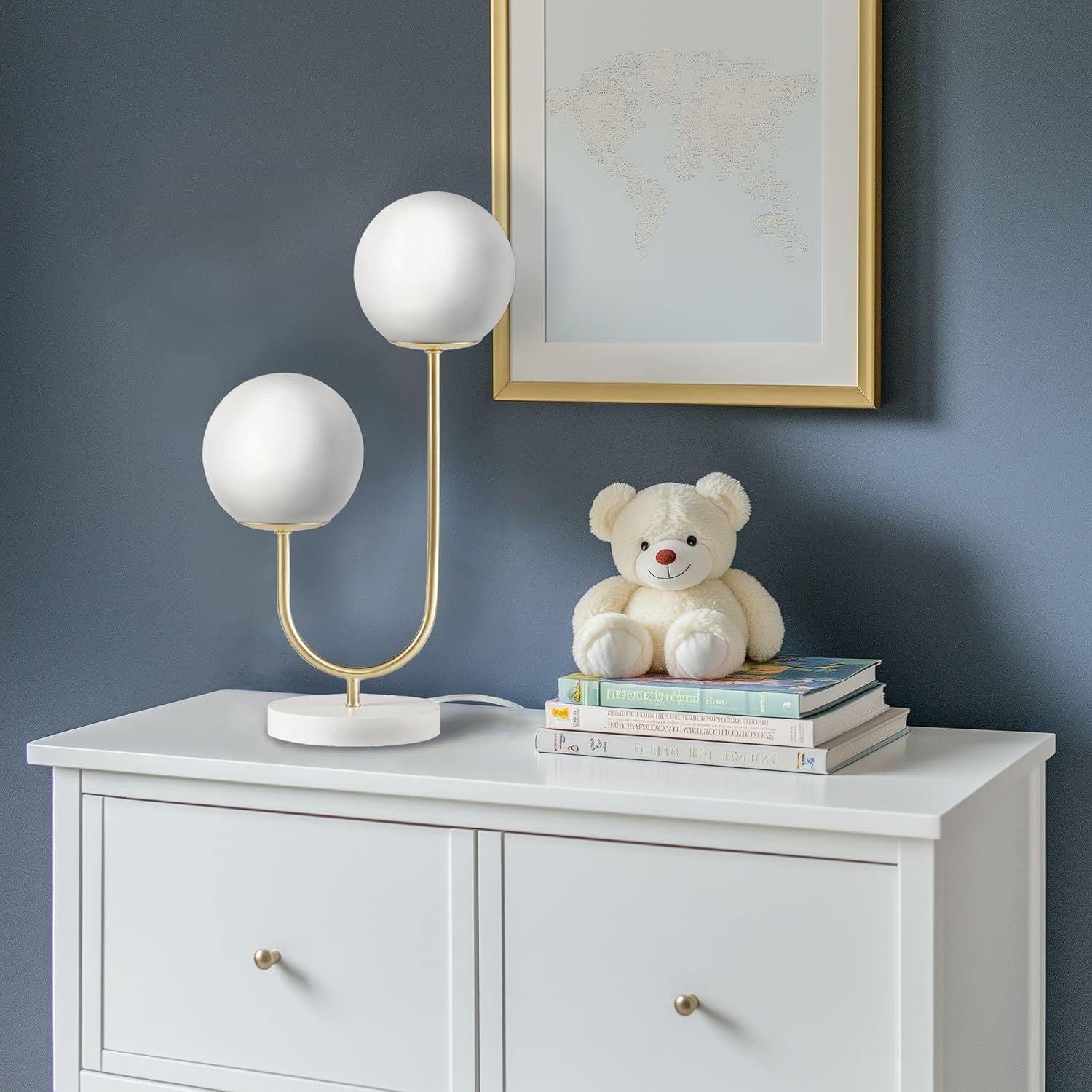 510 DESIGN Table Lamp for Bedroom - Metal Gold Nightstand Lamp, Frosted Glass Globes Modern Bedside Lamp w/White Base, Clear Polarized Cord & in Line Switch, Accent Lamp Decor, 20" H Gold/White