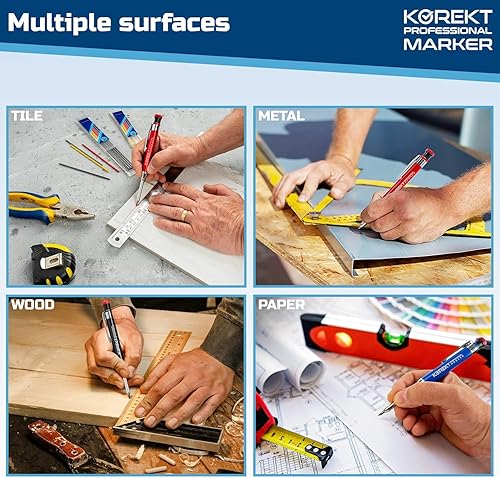 Miniatura 4 de KOREKT Marcador profesional, juego de lápices de carpintero mecánico resistente  12 recambios y sacapuntas integrado  Construcción, carpintería,