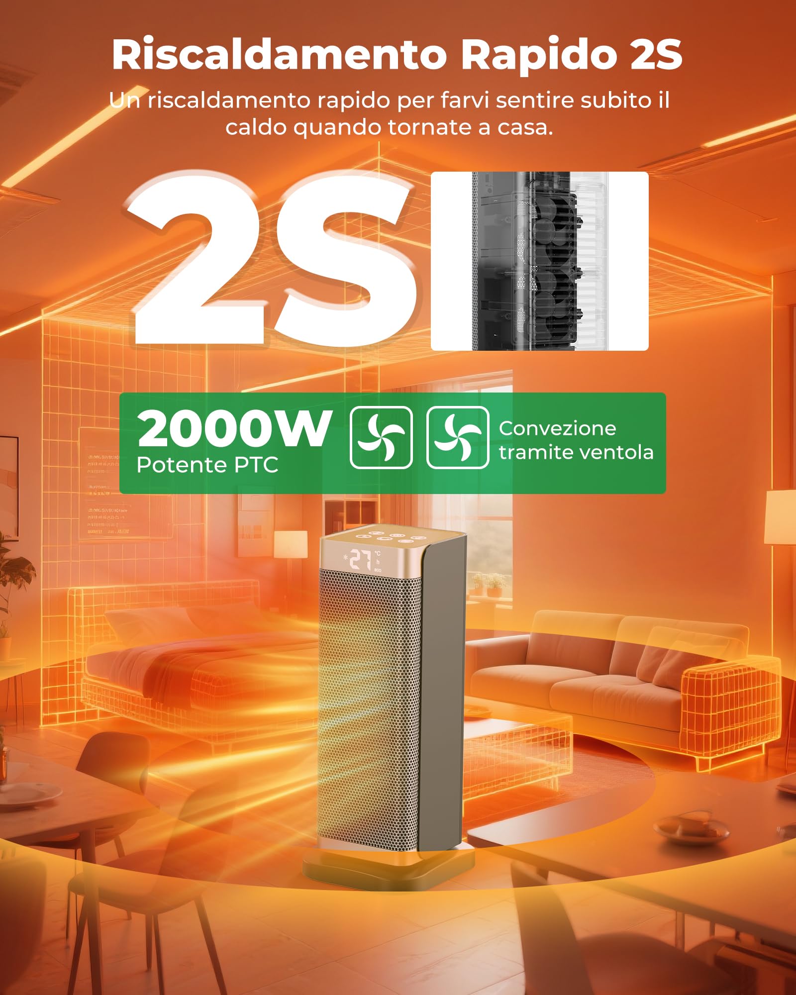 DDHTSAL Stufetta Elettrica Basso Consumo - 2000W PTC Termoventilatore,3 Modalità,ECO,Timer 12H,70° Oscillazione,Telecomando,Protezione da Surriscaldamento/Ribaltamento,Basso Rumore,Portatile,Casa