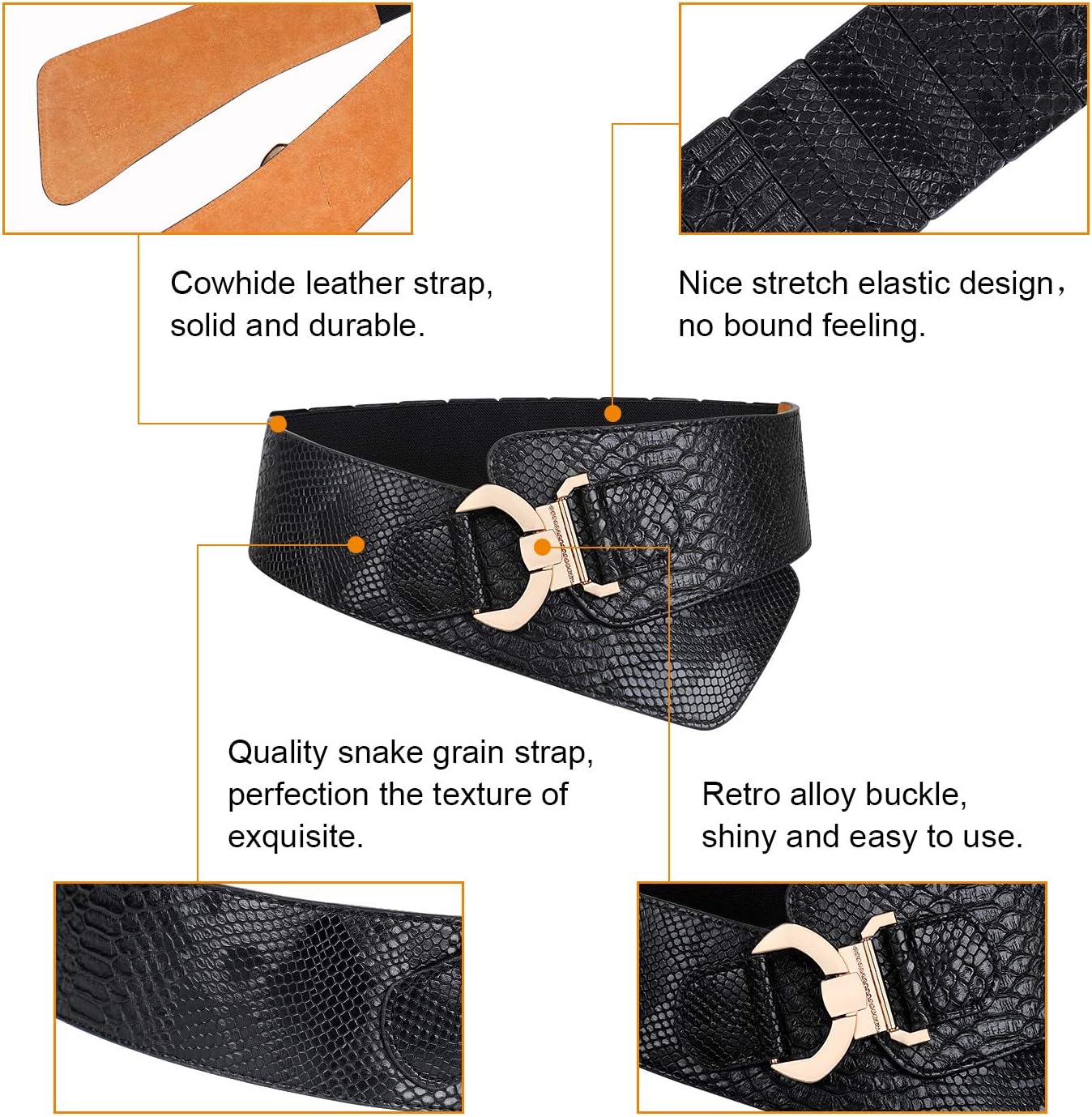 JasGood Lot De 4 Ceintures Larges Pour Femme - Ceinture élastique En Cuir Stretch Pour Robe, E-noir Marron Gris Beige, Für Taillenumfang 103cm-117cm (41"-46