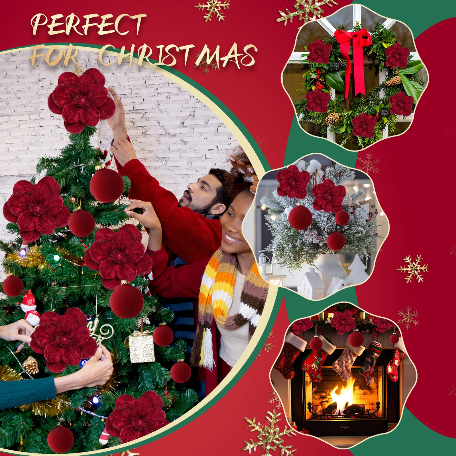 Outus Lot de 24 décorations de sapin de Noël en velours avec 8 poinsettias – fleurs de magnolia artificielles à paillettes avec tige – Décorations de Noël pour Noël, fête, mariage (bordeaux)