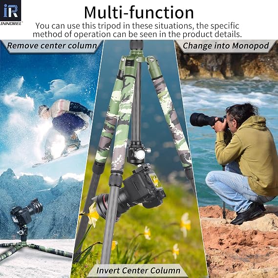 Carbon Fiber Tripod-RT85CG Super Professional Tripod Monopod Heavy Duty Compact Stand Support with Green Gamouflage Tripod Leg Covers for Digital DSLR Camera, max Load 25kg/55lb